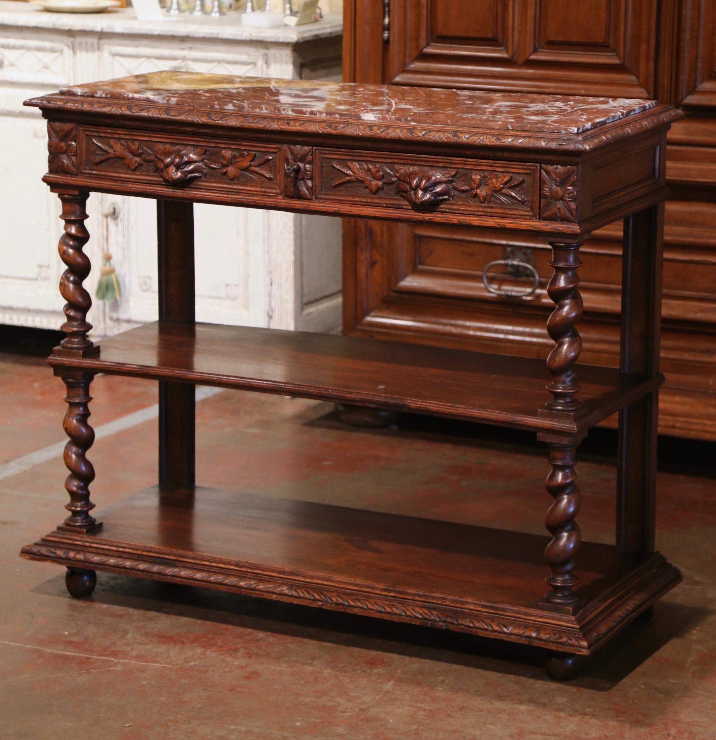 19th Century French Henri II Carved Oak Desserte Console with Red Marble Top In Good Condition In Dallas, TX