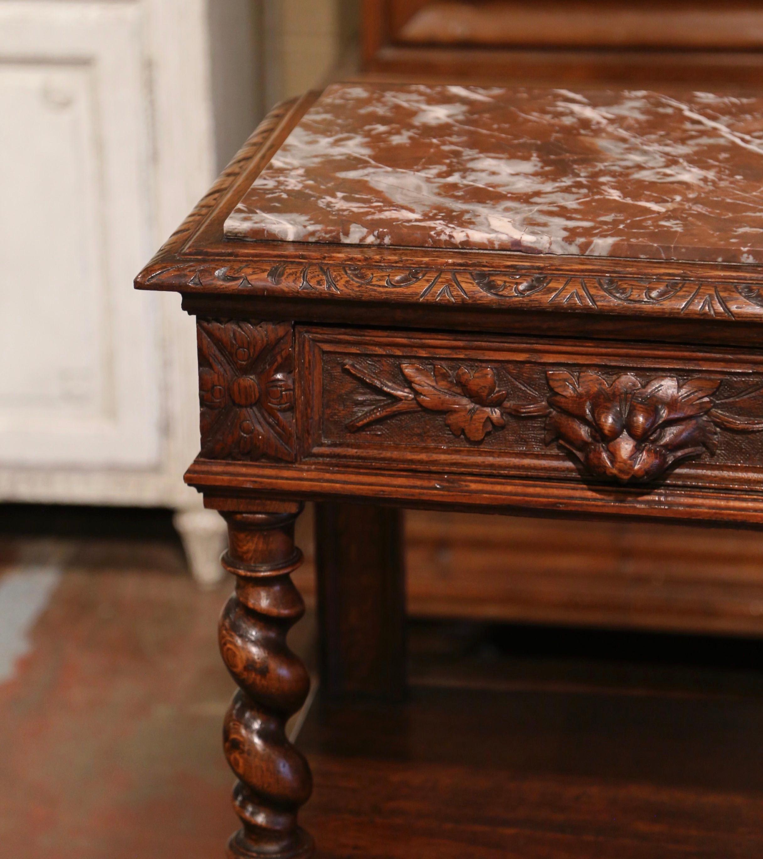 19th Century French Henri II Carved Oak Desserte Console with Red Marble Top 1