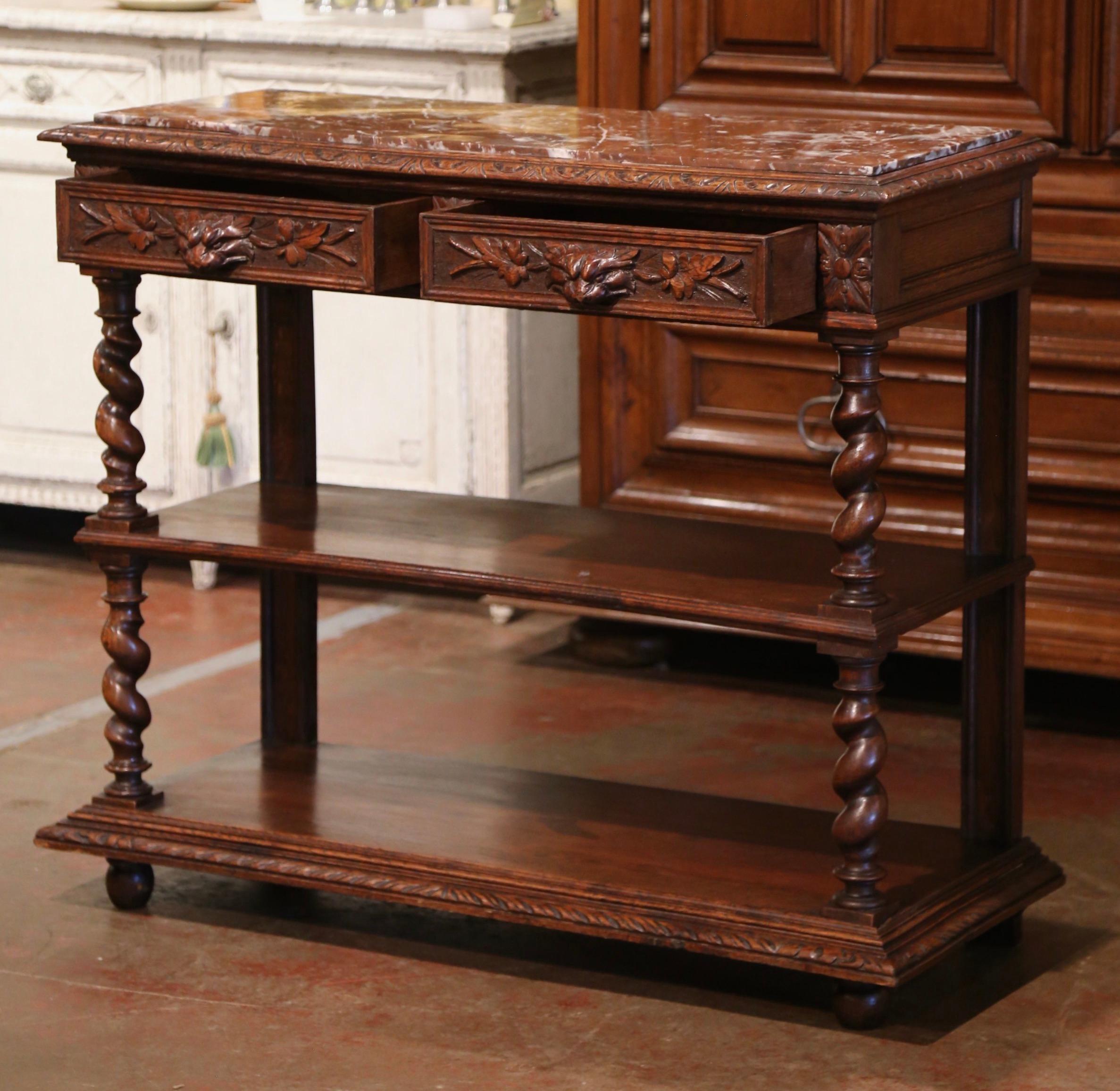 19th Century French Henri II Carved Oak Desserte Console with Red Marble Top 2