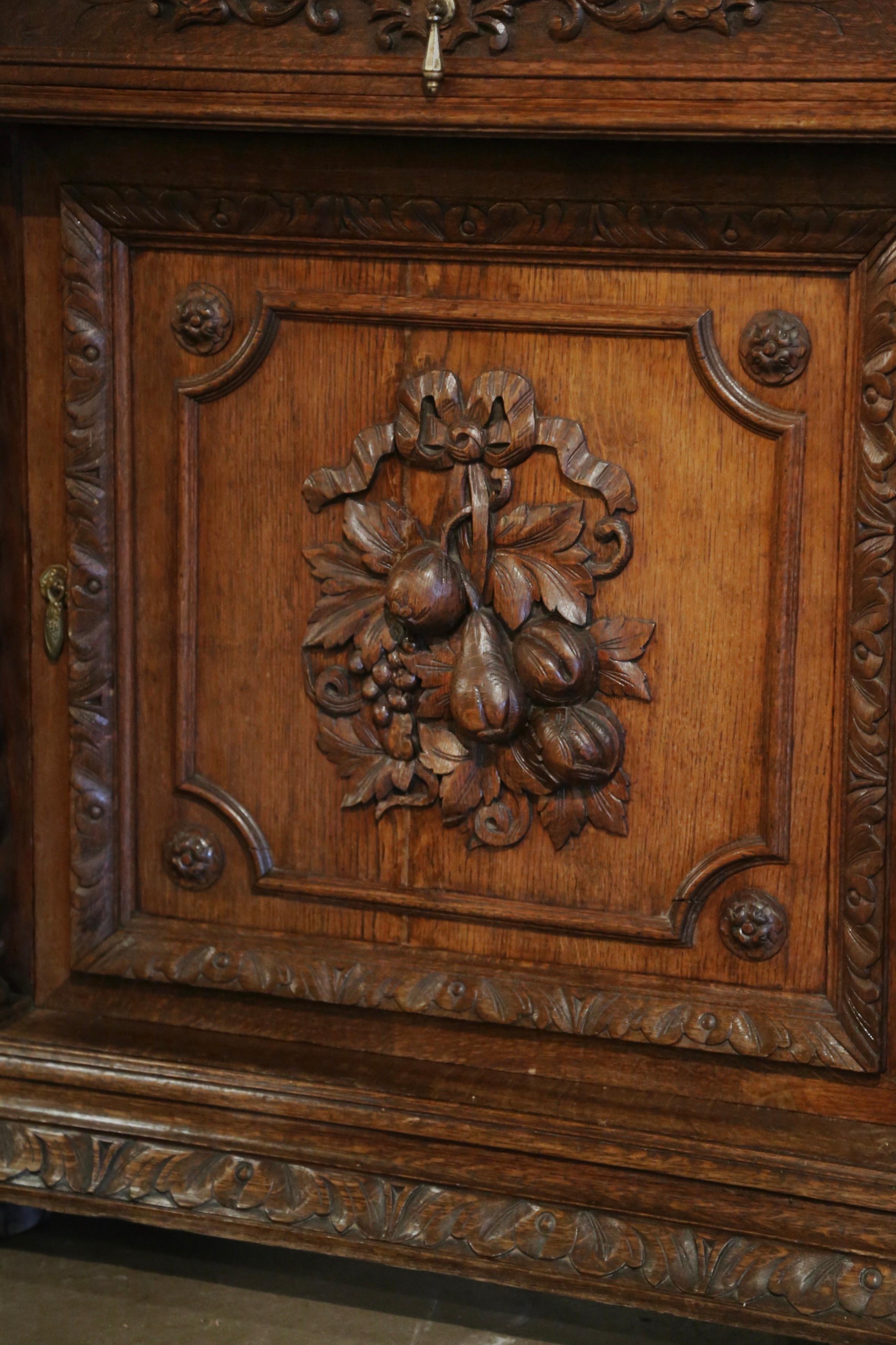 Hand-Carved 19th Century French Henri ii Carved Oak Jelly Cabinet with Fruit Decor For Sale