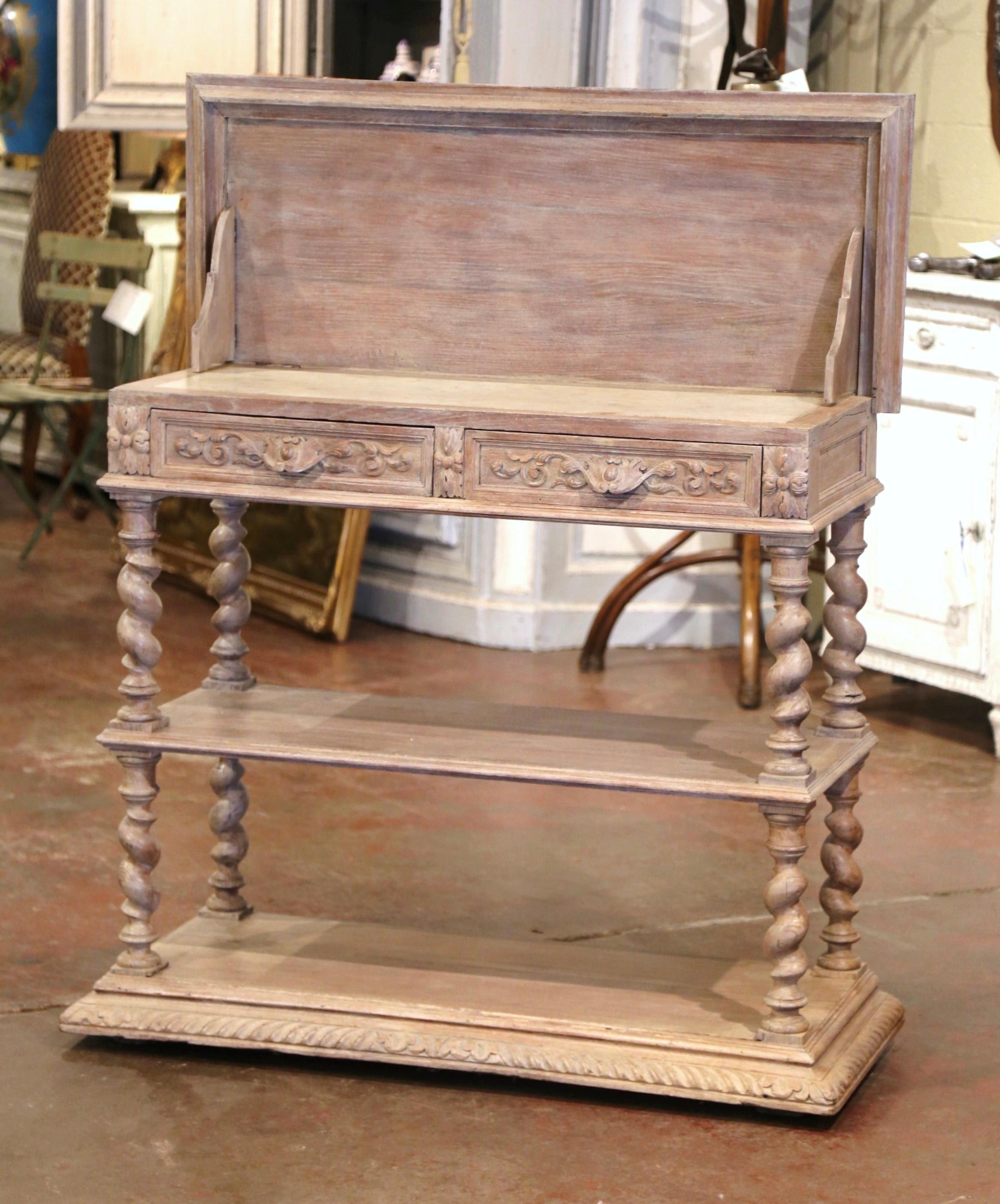 19th Century French Henri II Carved White Washed Oak and Marble Sideboard Server In Excellent Condition In Dallas, TX