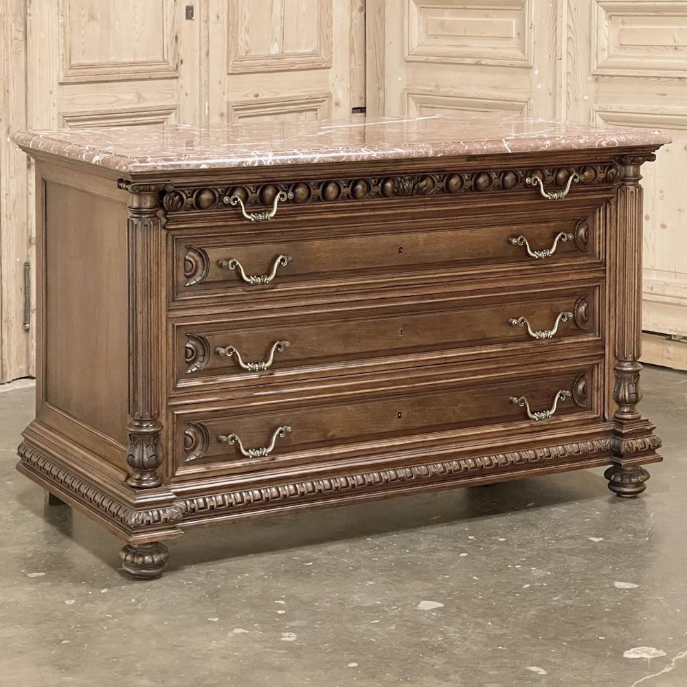 Neoclassical 19th Century French Henri II Marble Top Walnut Commode For Sale