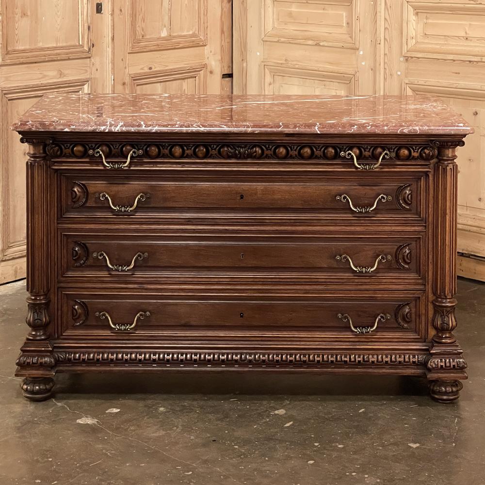Hand-Crafted 19th Century French Henri II Marble Top Walnut Commode For Sale