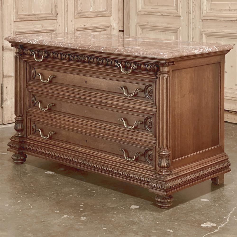 Hand-Crafted 19th Century French Henri II Marble Top Walnut Commode For Sale