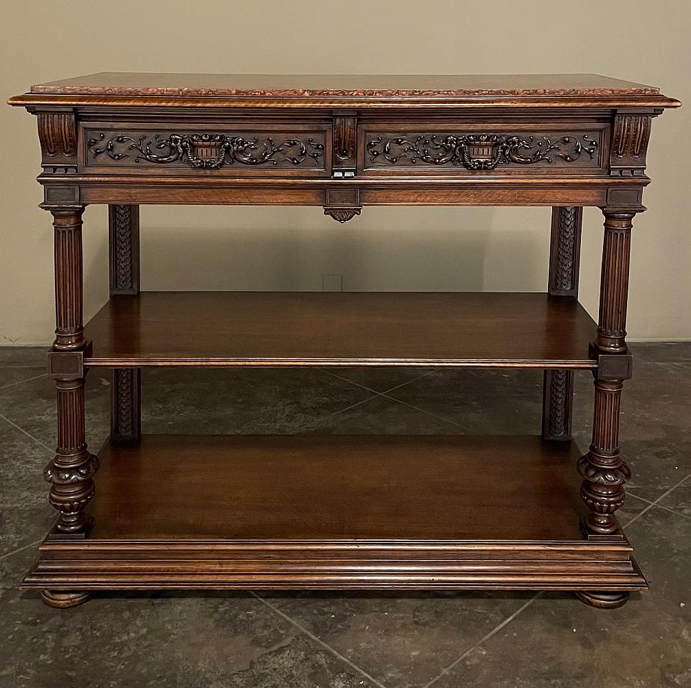 19th Century French Henri II Neoclassical Walnut Marble Top Dessert Buffet is a stunning blend of classical architecture inspired by ancient Greece and Rome combined with carved embellishment inspired by the Renaissance to create a uniquely French