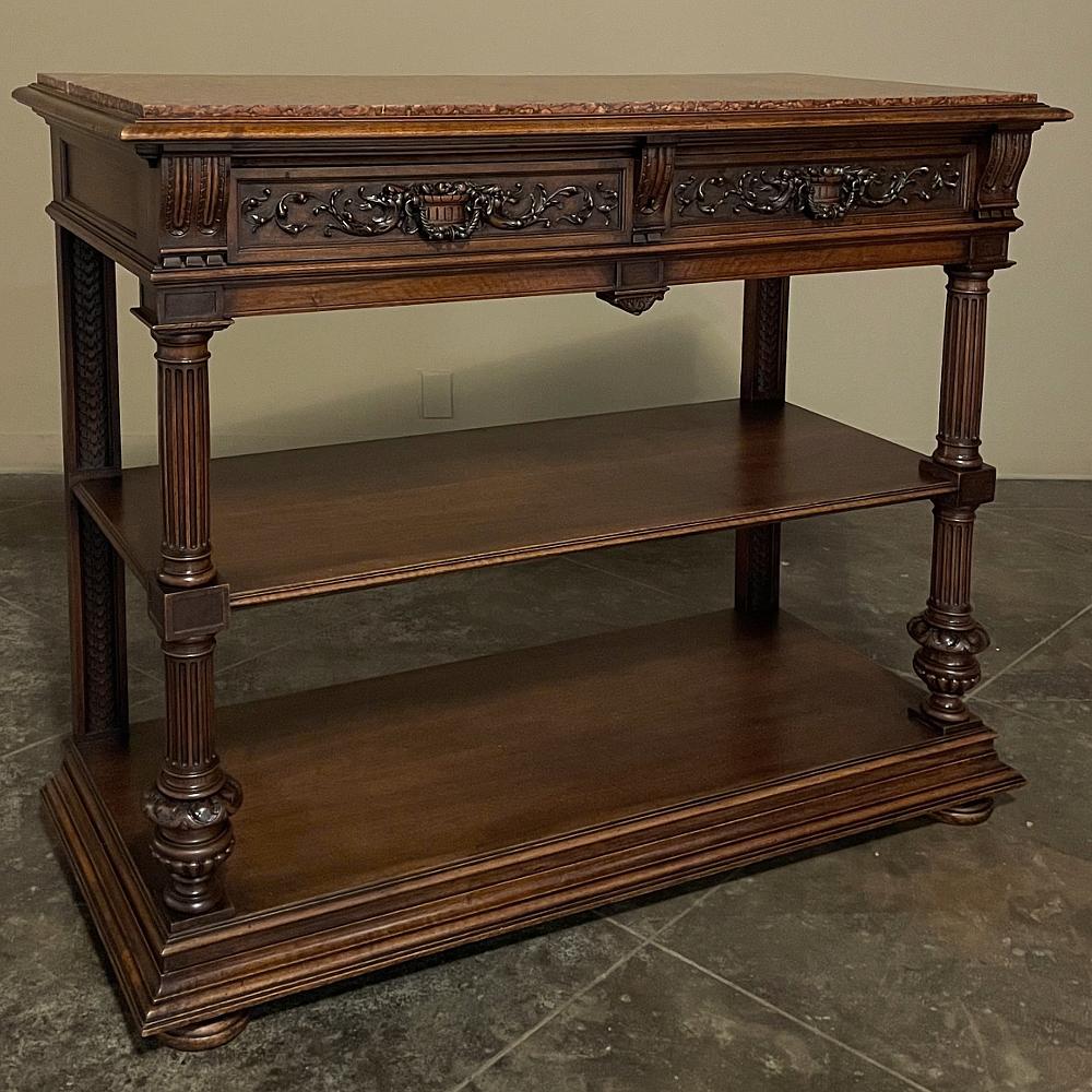 Hand-Carved 19th Century French Henri II Neoclassical Walnut Marble Top Dessert Buffet For Sale