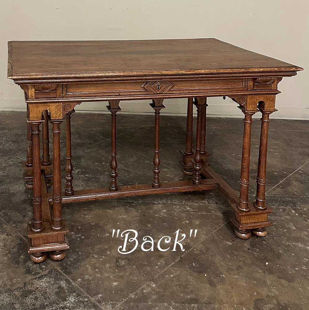 19th Century French Henri II Neoclassical Writing Table makes a great choice for a home office, a student desk, or just a handy table to have in any room that supplies a convenient, full width drawer.  Hand-crafted from solid old-growth oak, its
