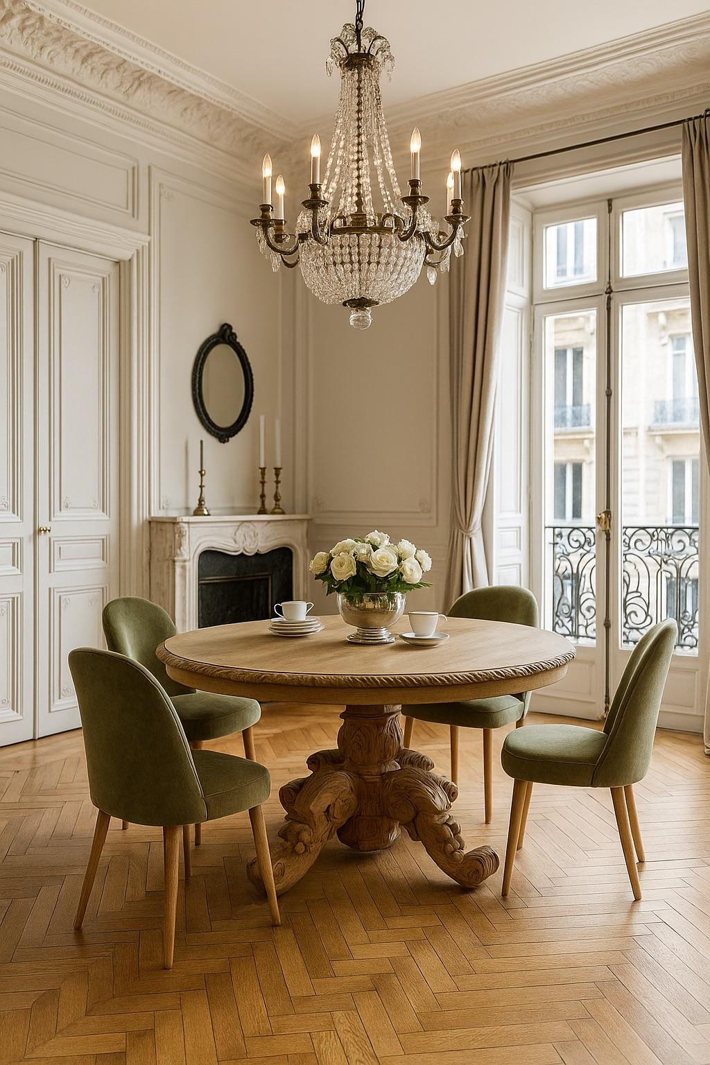 Totalmente de roble, presenta un soberbio pedestal central ricamente tallado con volutas, hojas de acanto y motivos florales, típicos del estilo decorativo de Enrique II. 
La mesa se ha tratado con chorro de arena, revelando una hermosa veta de