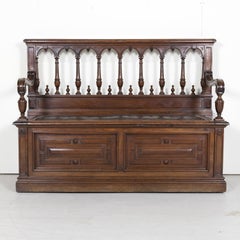 19th Century French Henri II Style Walnut Hall Bench with Leather Lift Top Seat