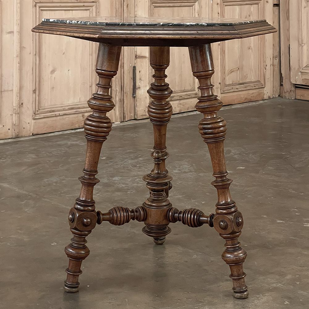 19th Century French Henri II Walnut End Table with Hexagonal Marble Top For Sale 6
