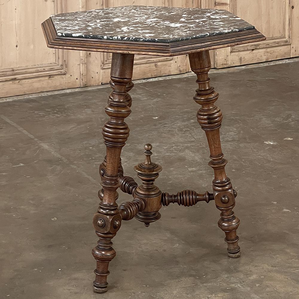 Napoleon III 19th Century French Henri II Walnut End Table with Hexagonal Marble Top For Sale