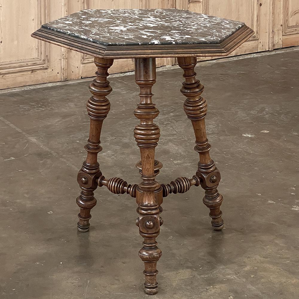 Hand-Crafted 19th Century French Henri II Walnut End Table with Hexagonal Marble Top For Sale