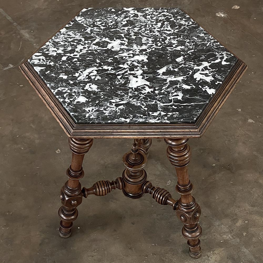 19th Century French Henri II Walnut End Table with Hexagonal Marble Top In Good Condition For Sale In Dallas, TX