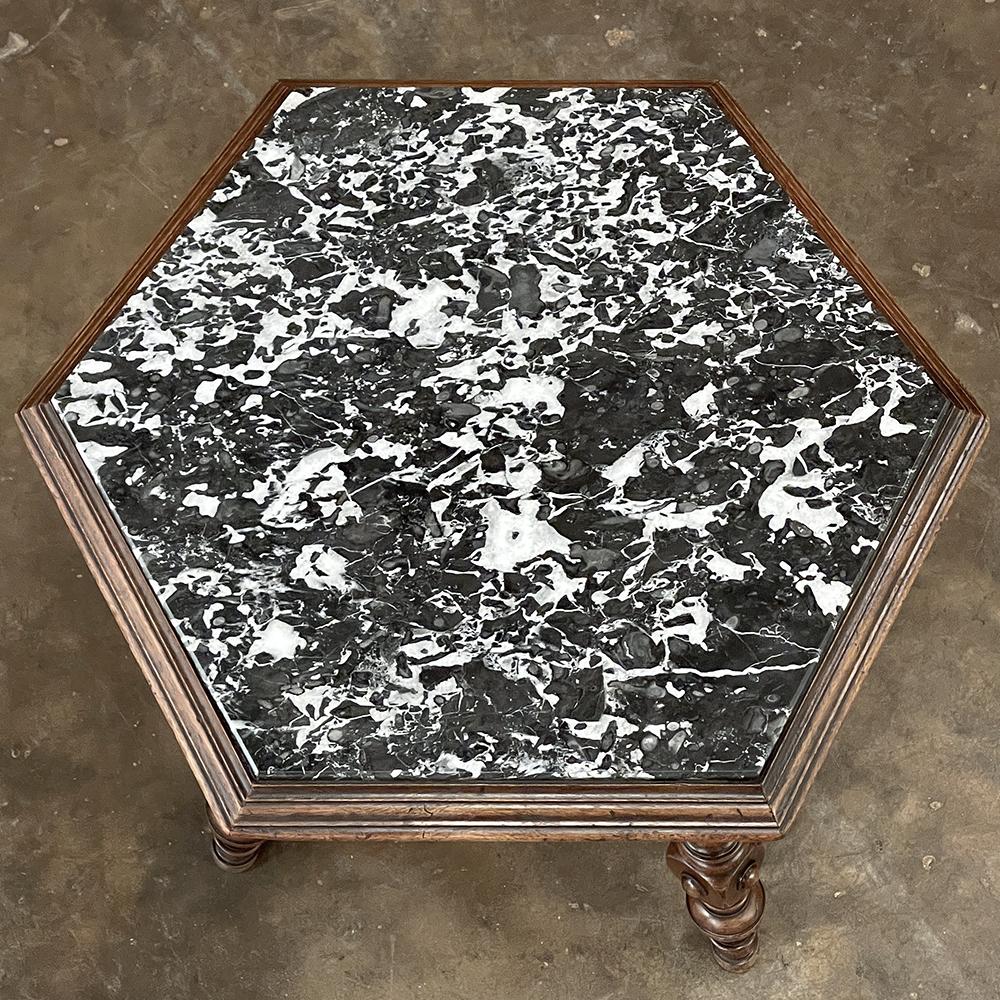 Late 19th Century 19th Century French Henri II Walnut End Table with Hexagonal Marble Top For Sale