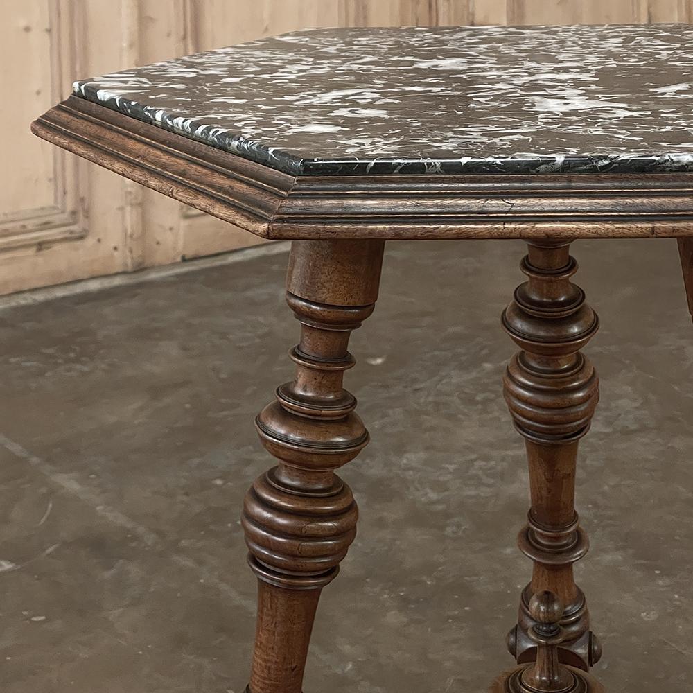 19th Century French Henri II Walnut End Table with Hexagonal Marble Top For Sale 3
