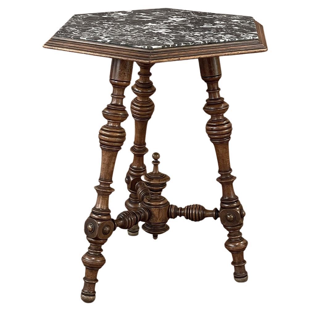 19th Century French Henri II Walnut End Table with Hexagonal Marble Top For Sale