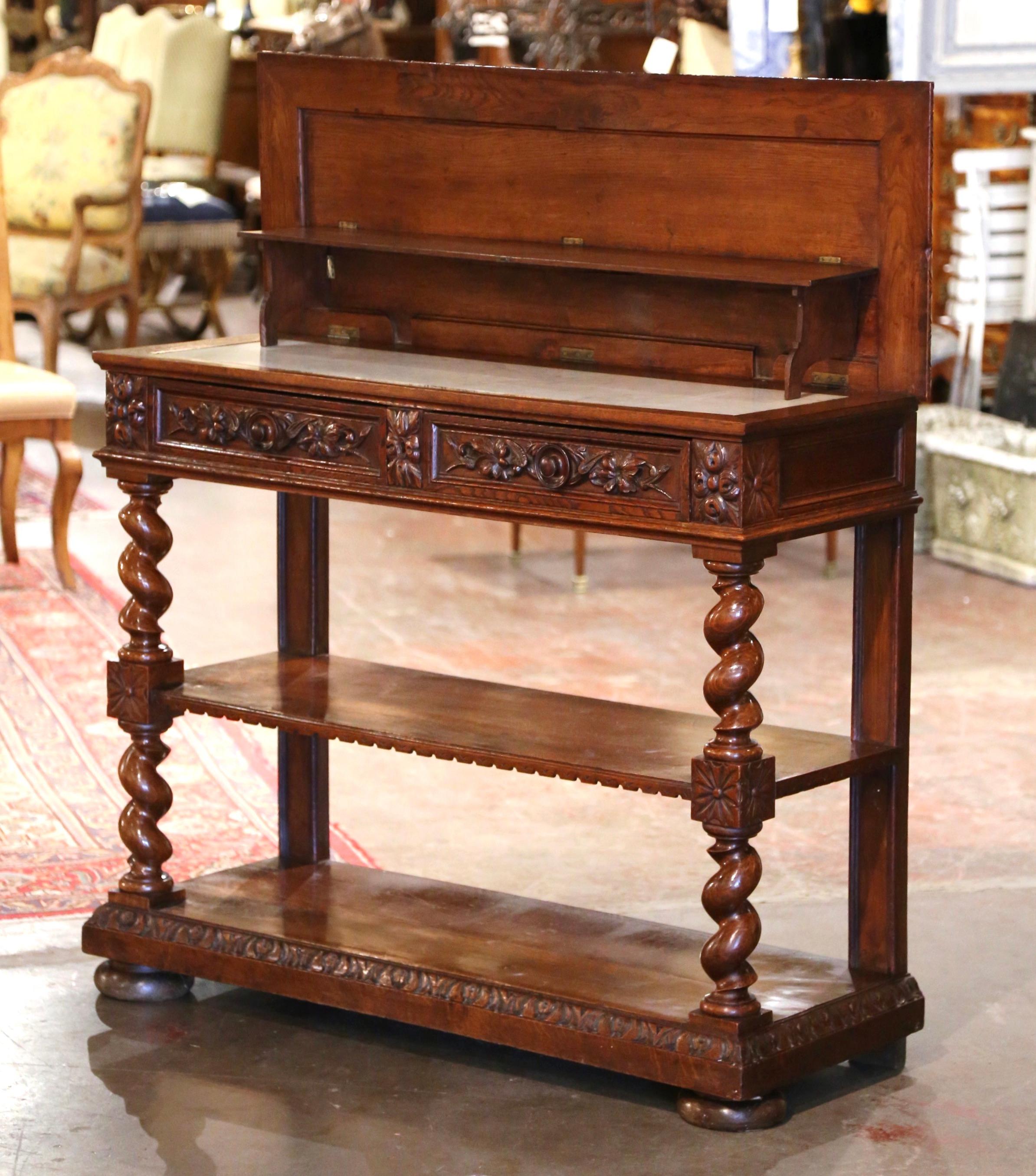 19th Century French Henri II White Marble Top Carved Oak Desserte Console 2