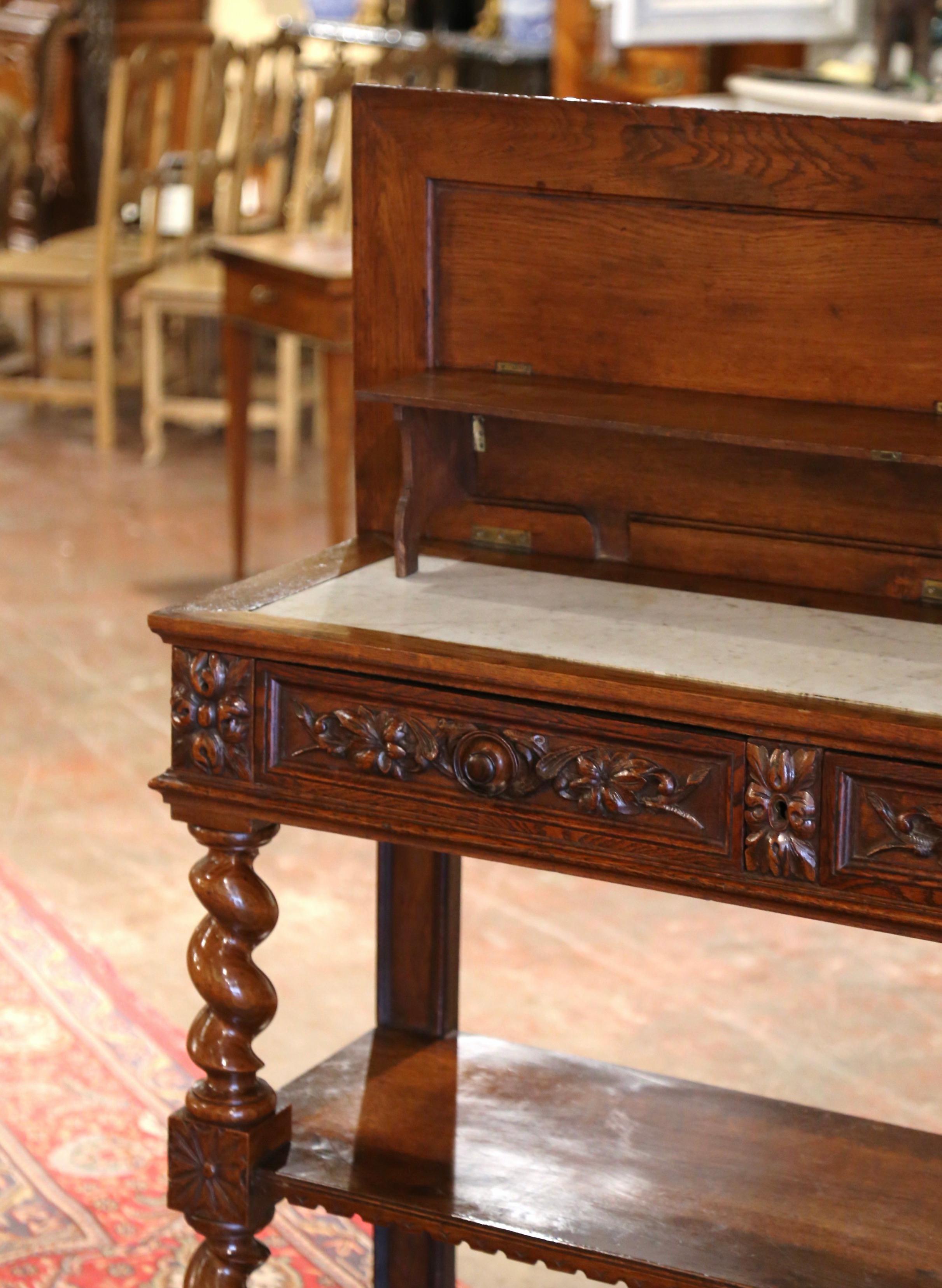 19th Century French Henri II White Marble Top Carved Oak Desserte Console 3