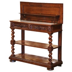 19th Century French Henri II White Marble Top Carved Oak Desserte Console