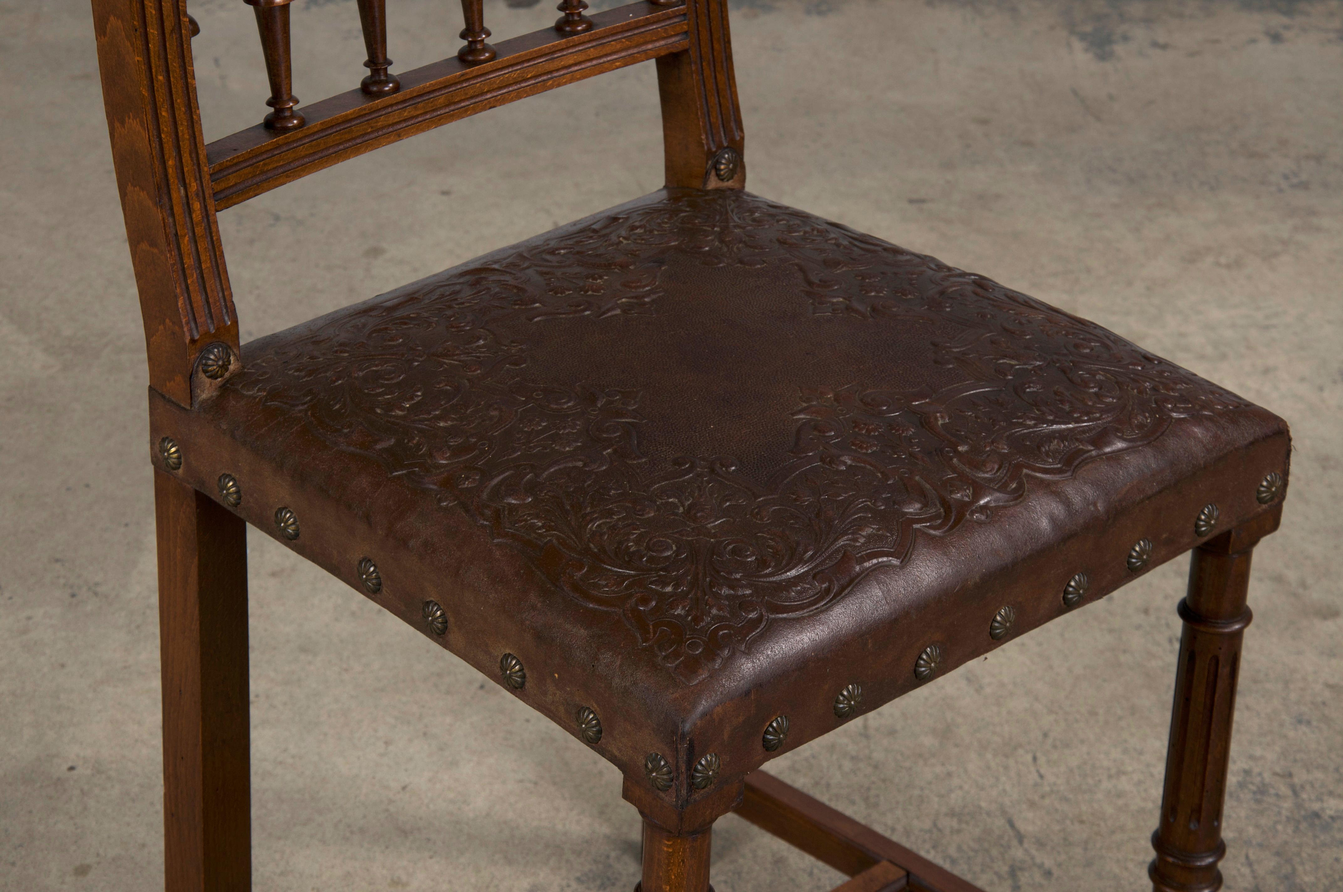 Antique French Henry II Style Walnut Dining Chairs W/ Brown Leather- Set of 10 4