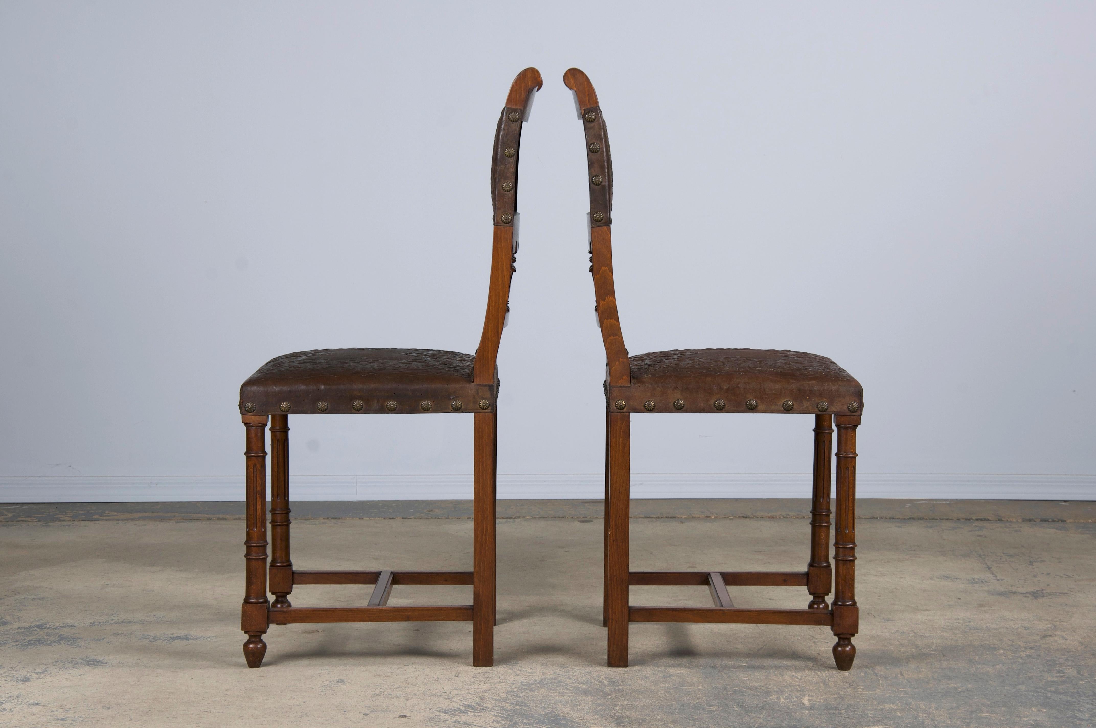 Antique French Henry II Style Walnut Dining Chairs W/ Brown Leather- Set of 10 5