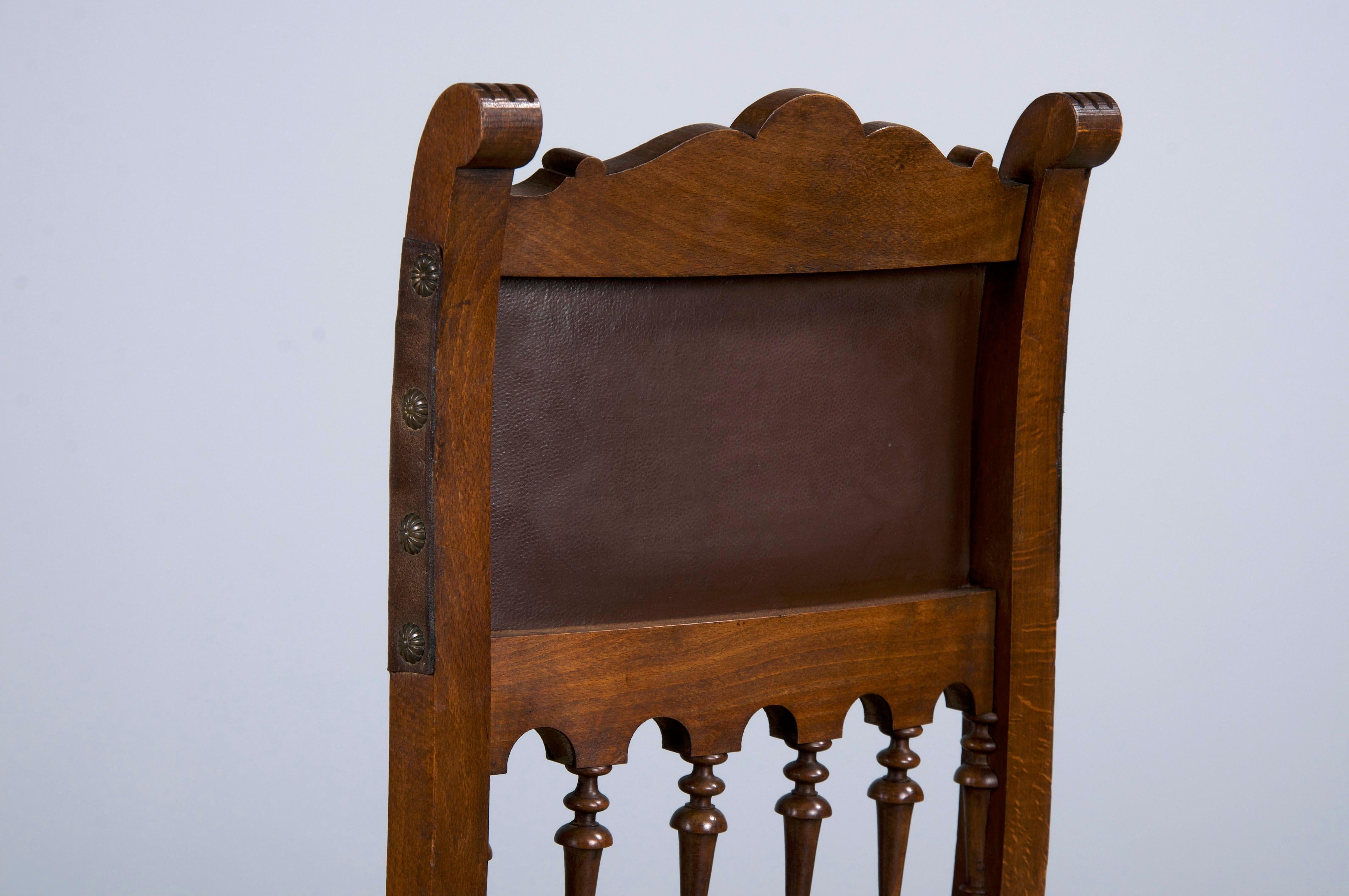 Antique French Henry II Style Walnut Dining Chairs W/ Brown Leather- Set of 10 6