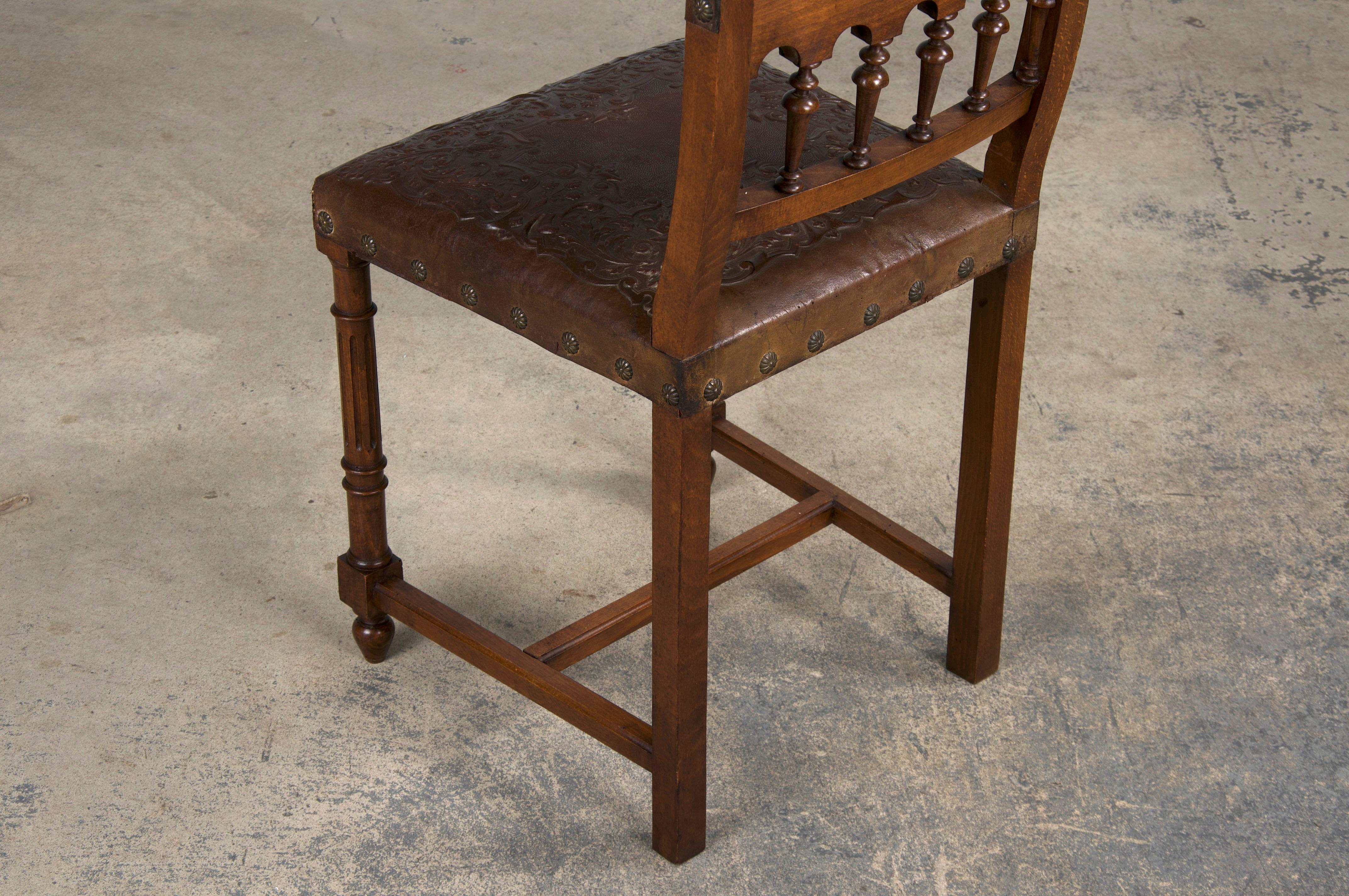 Antique French Henry II Style Walnut Dining Chairs W/ Brown Leather- Set of 10 7