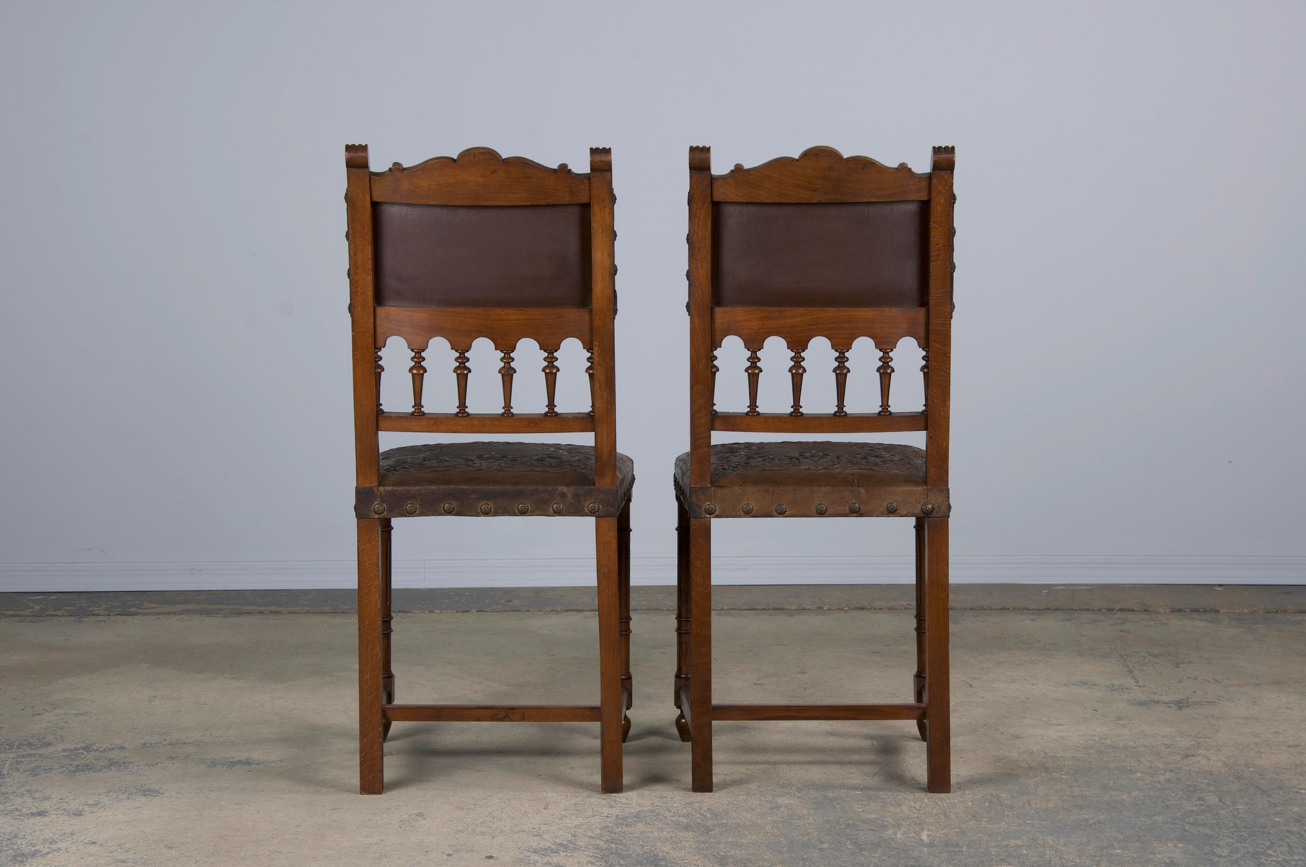 Antique French Henry II Style Walnut Dining Chairs W/ Brown Leather- Set of 10 8