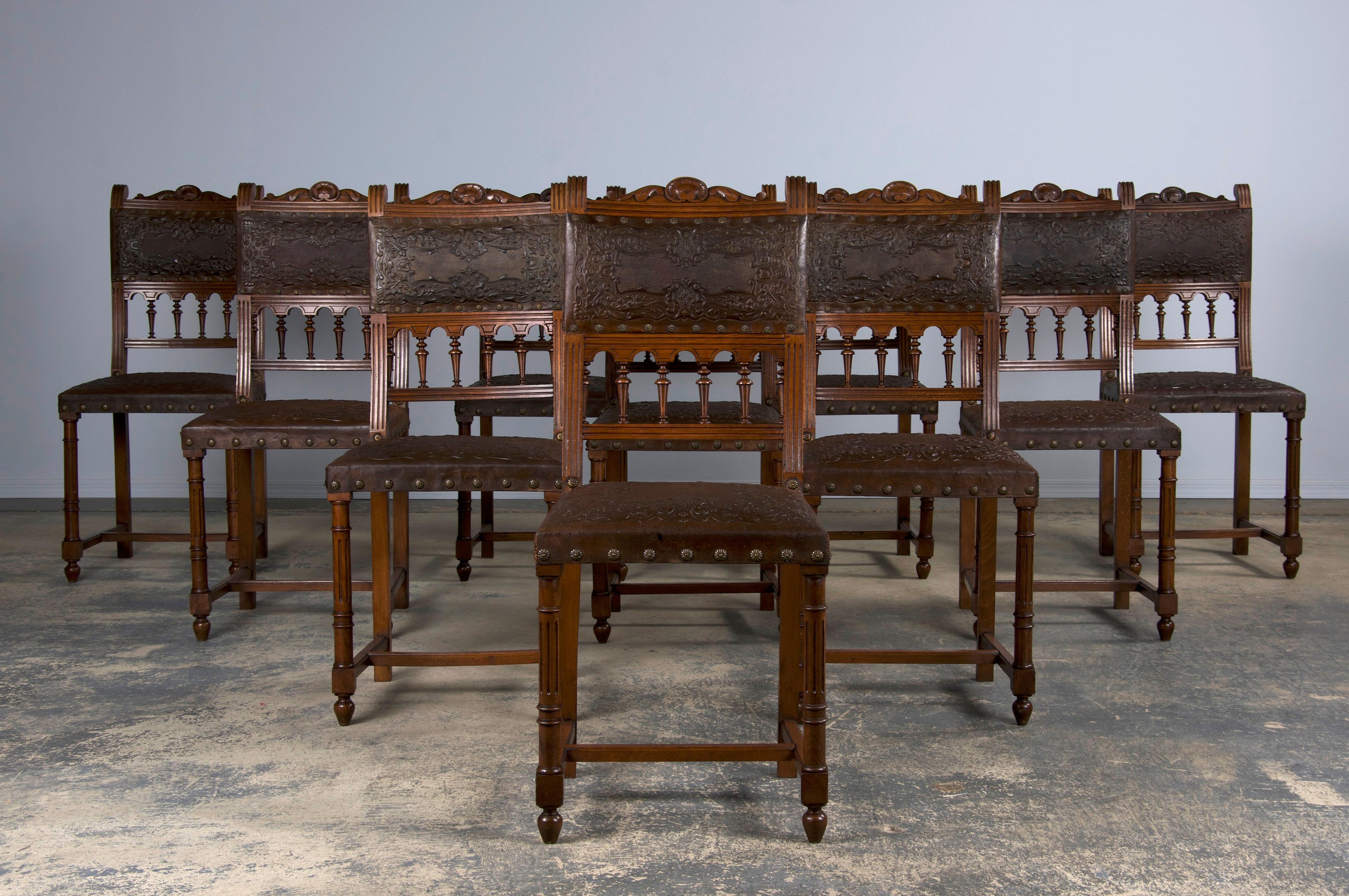 Antique French Henry II Style Walnut Dining Chairs W/ Brown Leather- Set of 10 9