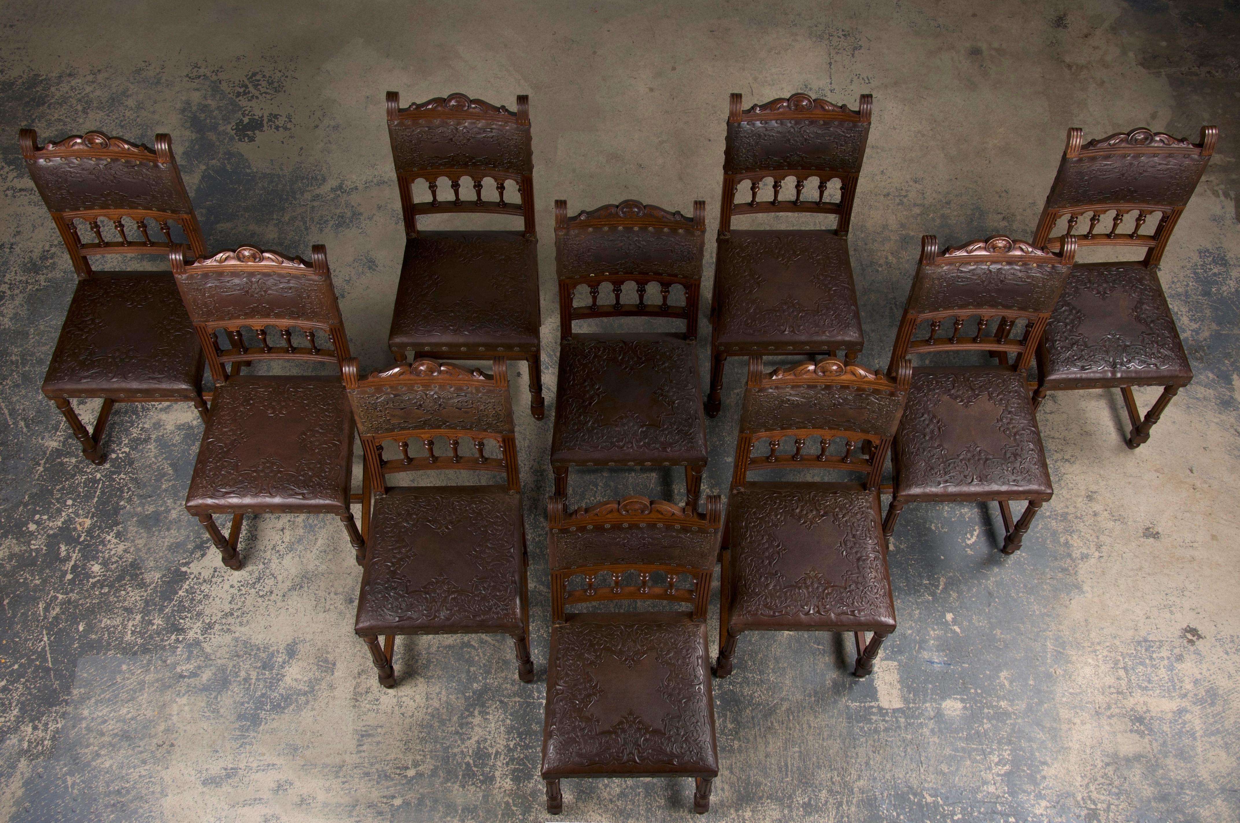 Renaissance Antique French Henry II Style Walnut Dining Chairs W/ Brown Leather- Set of 10