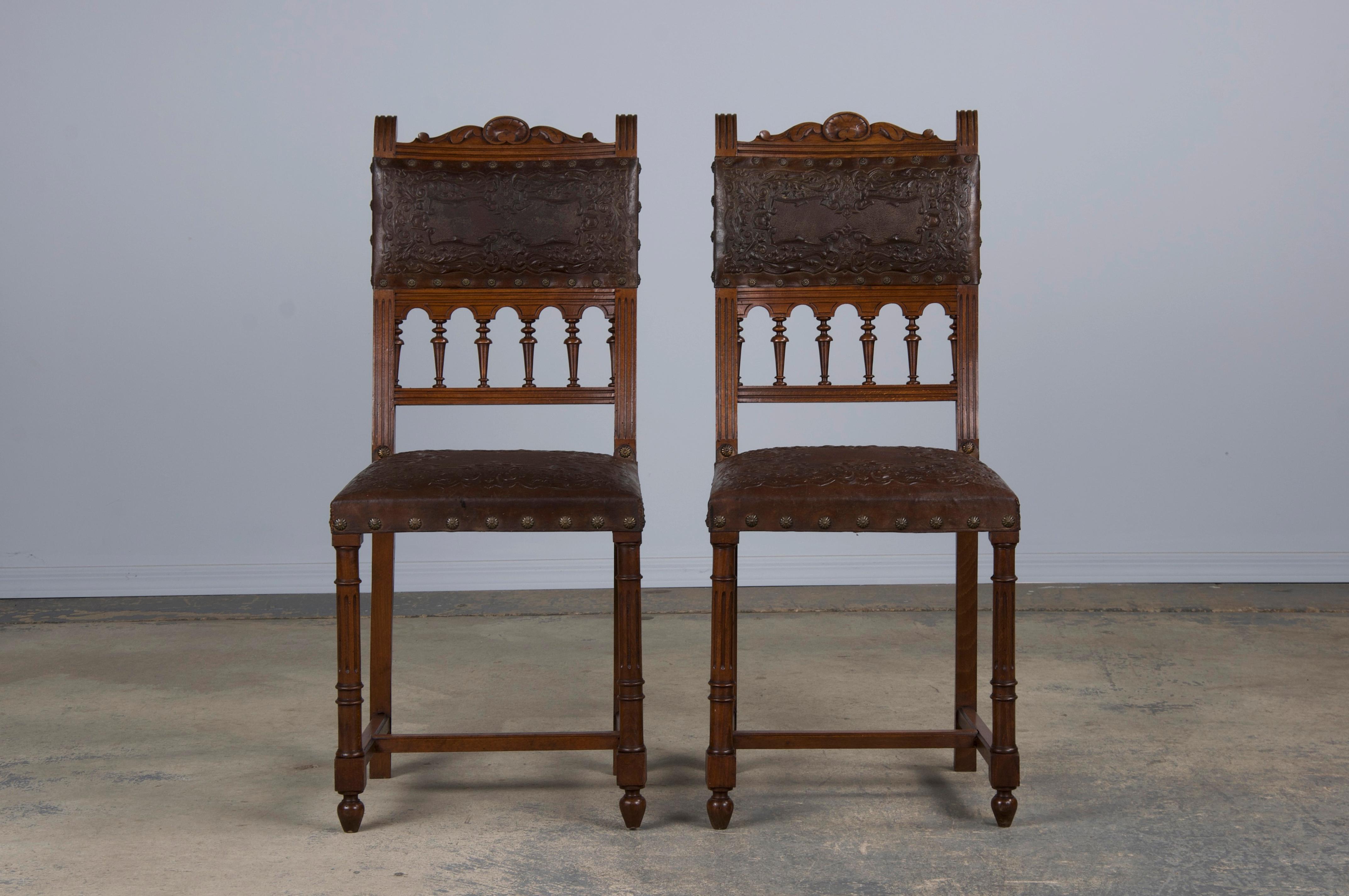 Hand-Crafted Antique French Henry II Style Walnut Dining Chairs W/ Brown Leather- Set of 10