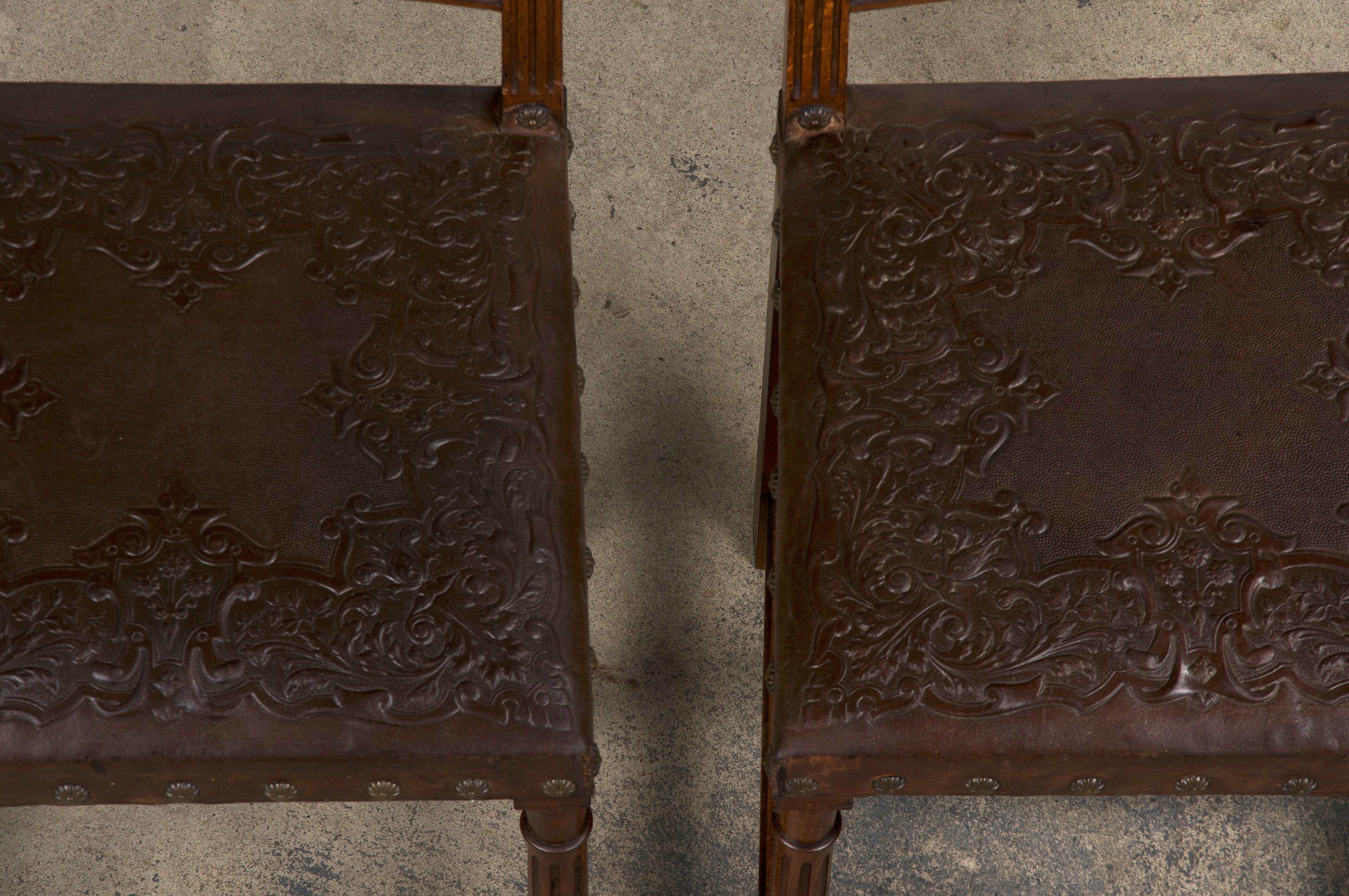 Antique French Henry II Style Walnut Dining Chairs W/ Brown Leather- Set of 10 In Good Condition In Astoria, NY