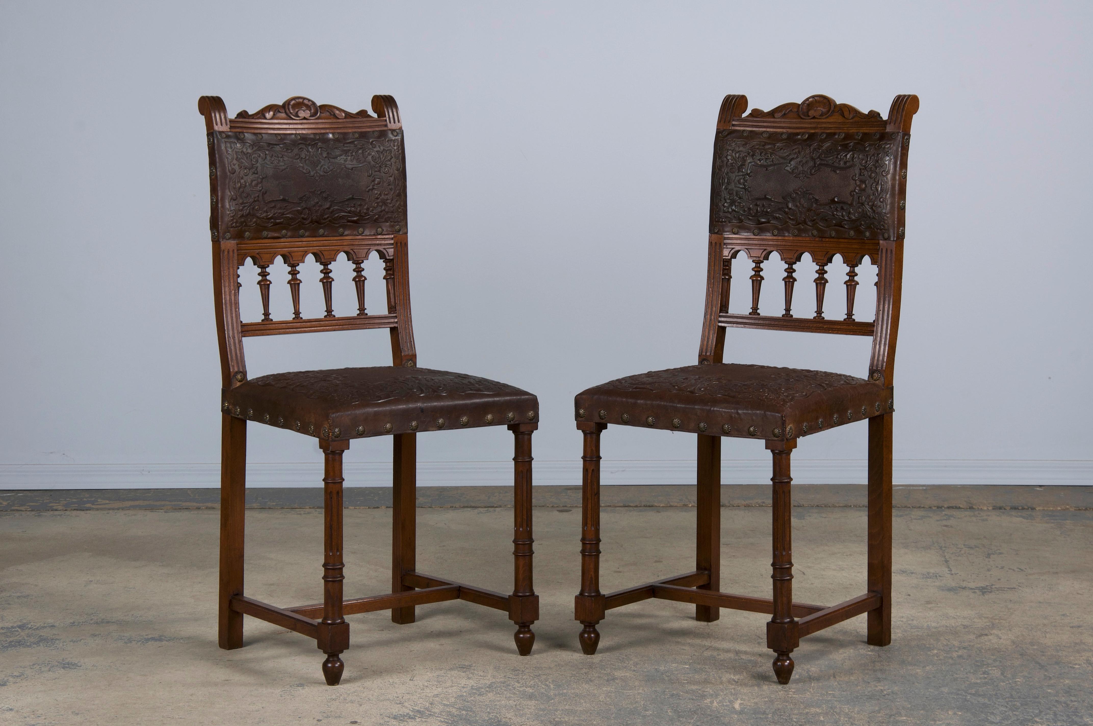 19th Century Antique French Henry II Style Walnut Dining Chairs W/ Brown Leather- Set of 10