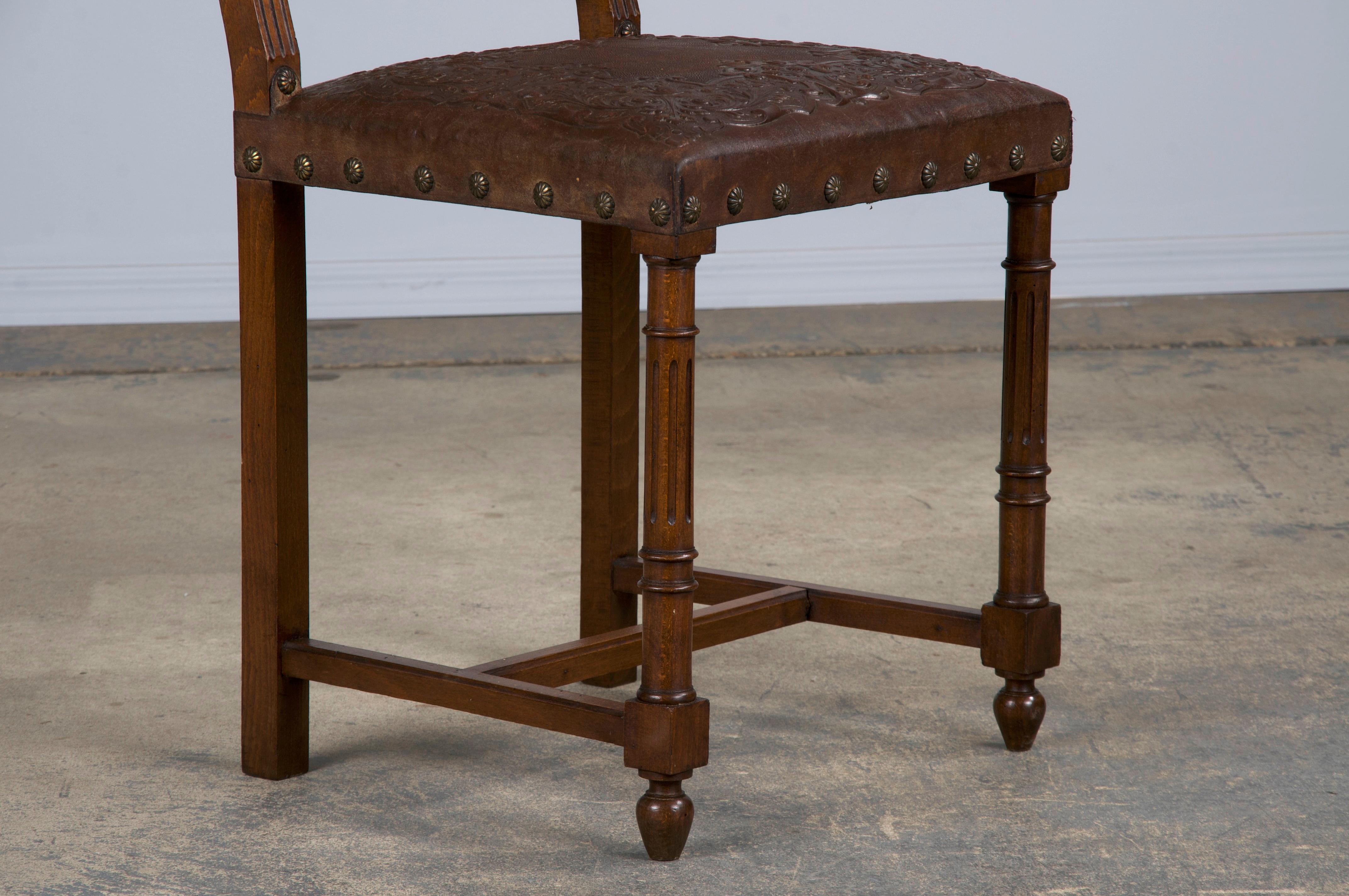 Antique French Henry II Style Walnut Dining Chairs W/ Brown Leather- Set of 10 1