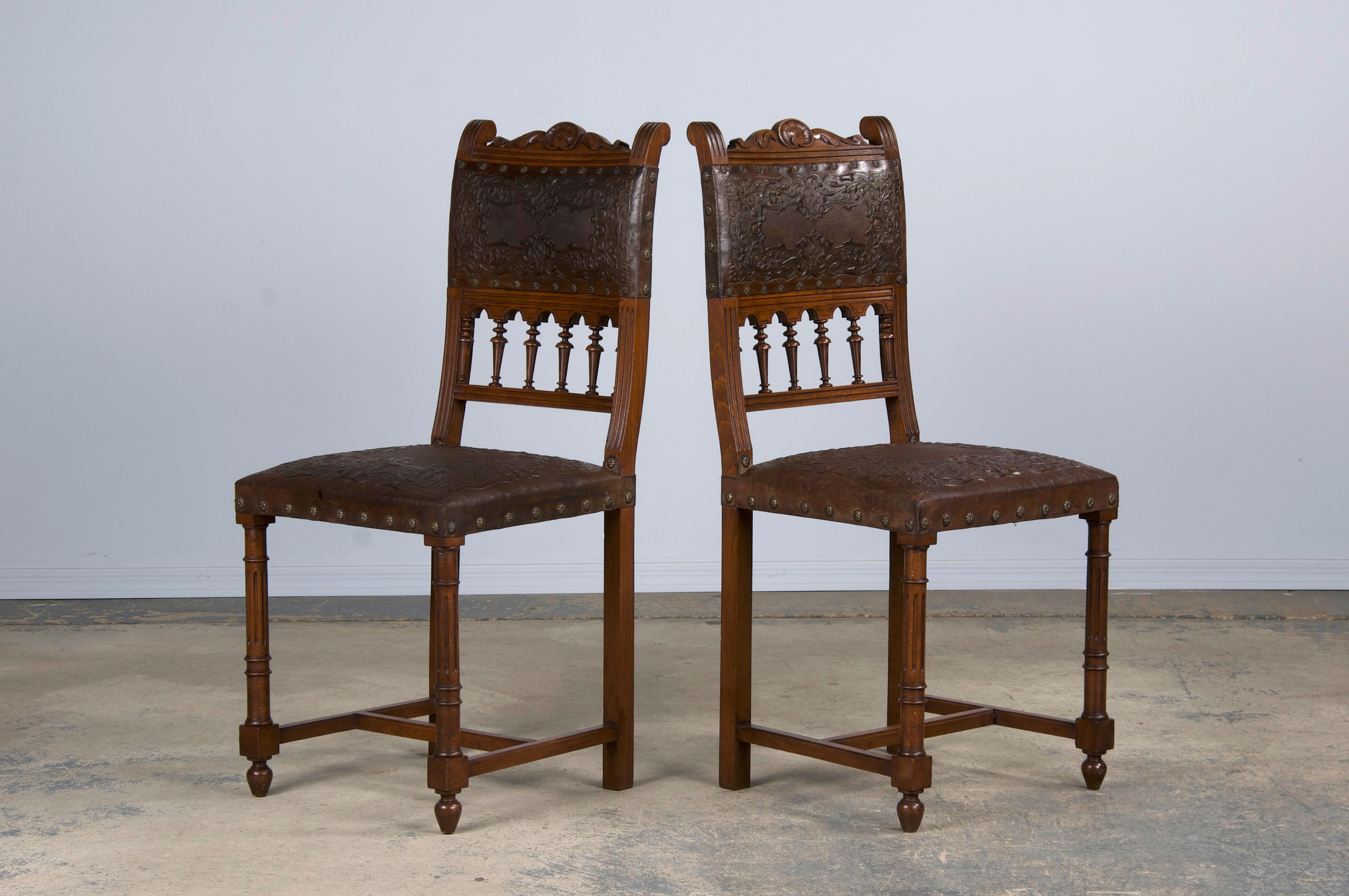 Antique French Henry II Style Walnut Dining Chairs W/ Brown Leather- Set of 10 2