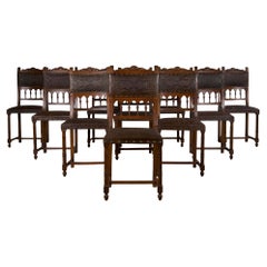 Antique French Henry II Style Walnut Dining Chairs W. Brown Leather- Set of 10