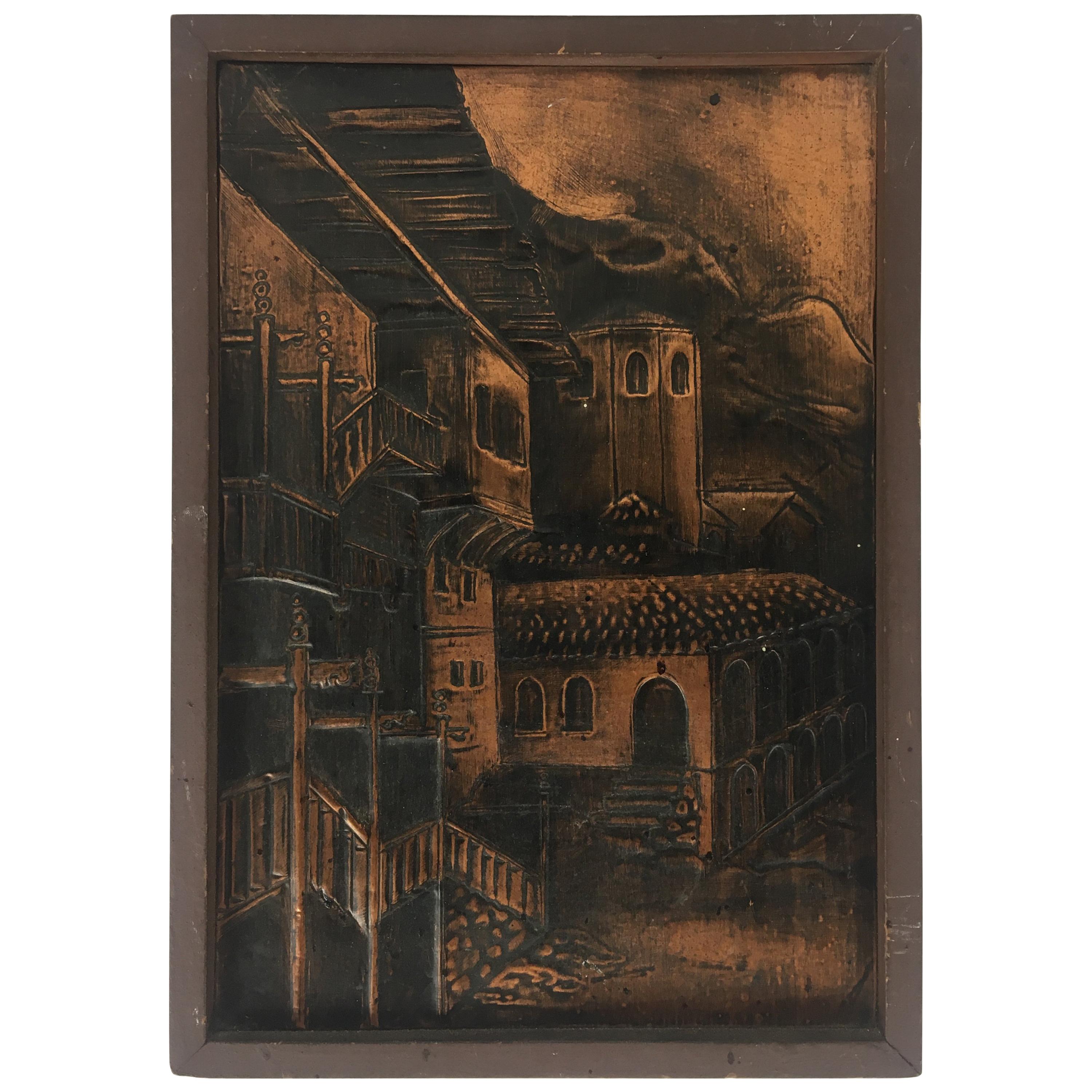 Placa histórica francesa en relieve de cobre martillado del siglo XIX