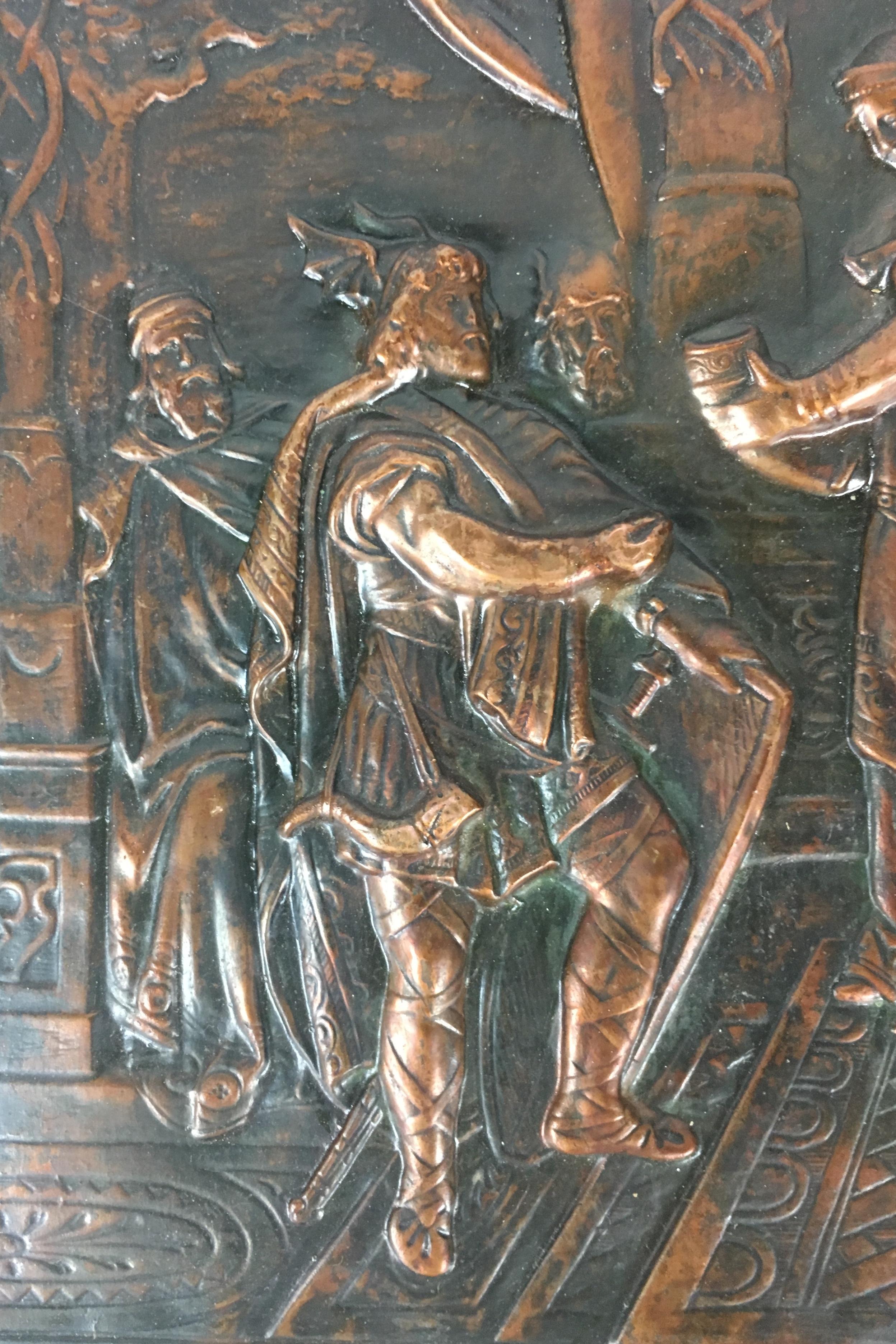 19th century, French hand-hammered plaque historicizing
Vercingetorix receiving an award of recognition, circa 1850. 

Vercingetorix (82-46 BCE) was a French Gallic chieftain who rallied the tribes of Gaul (modern-day France) to repel the Roman