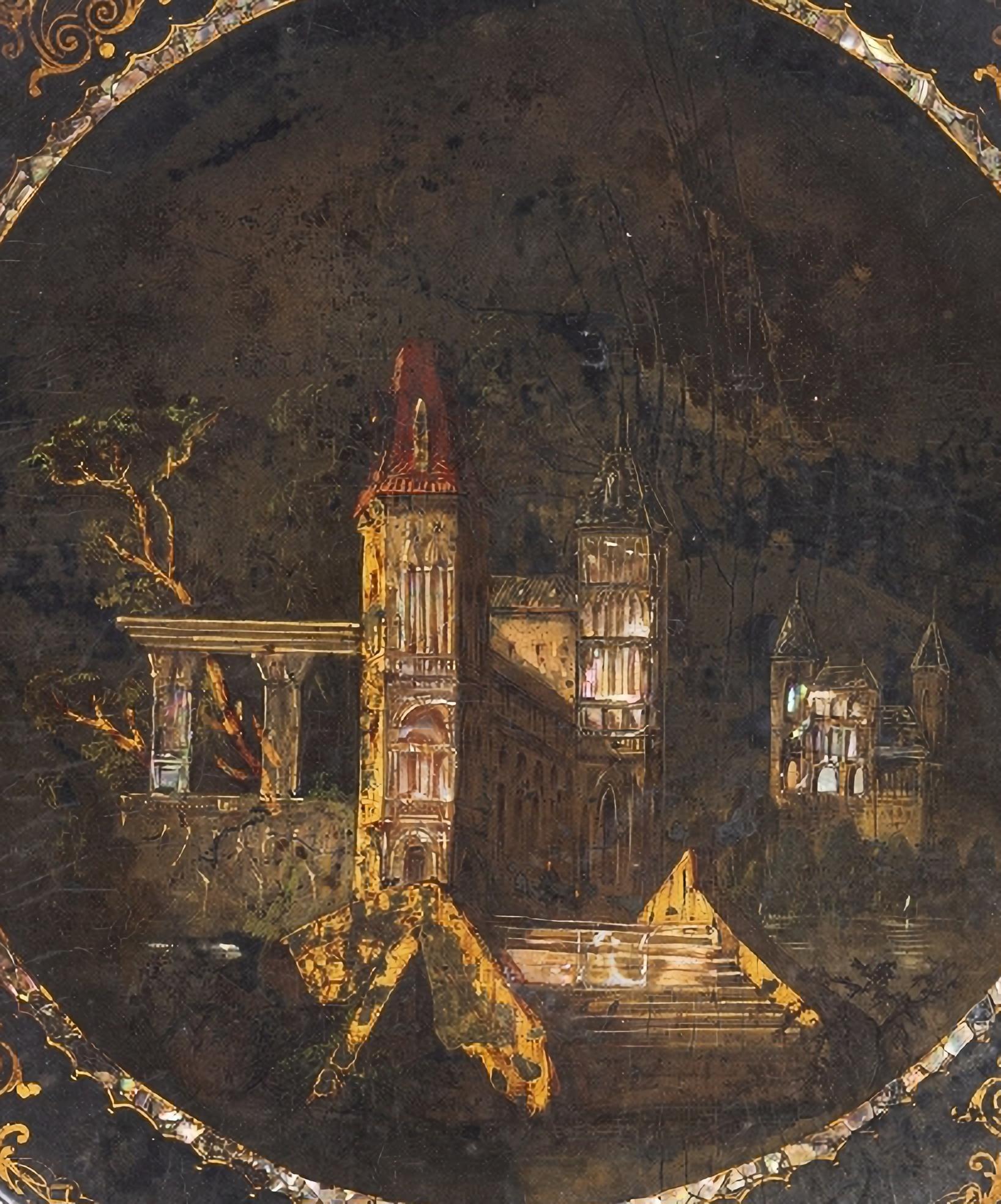 mesa de golpeo francesa del siglo xix

de madera lacada en negro y oro con nácar, que representa un paisaje con casas.
Dimensiones: 69 x 70 x 70 cm
buenas condiciones originales