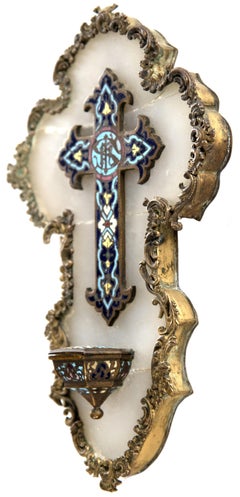 19th Century French, Holy Water Stoup or Font of Champleve Enamel and Marble