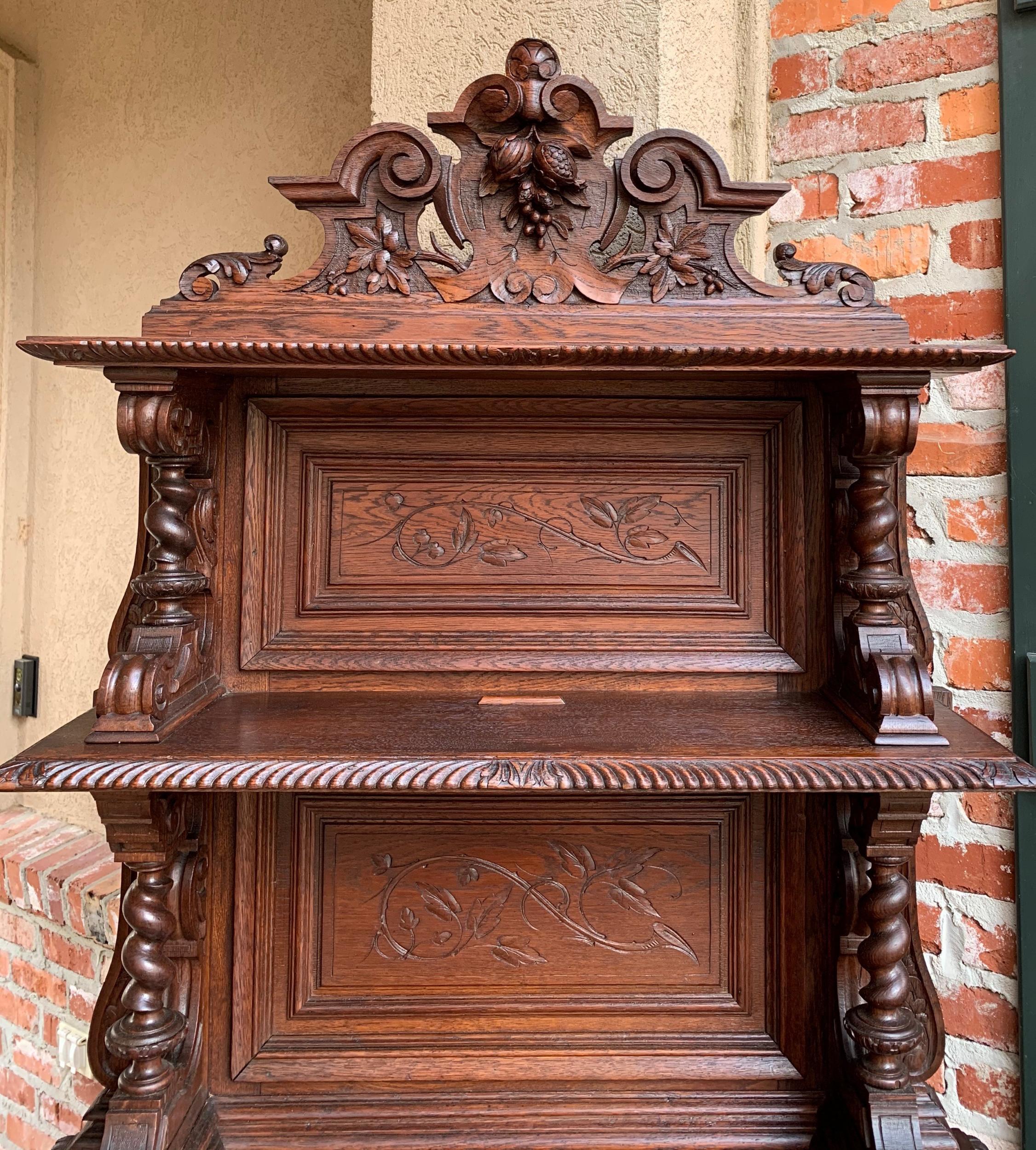 Hand-Carved 19th Century French Hunt Cabinet Bookcase Black Forest Carved Oak Barley Twist For Sale