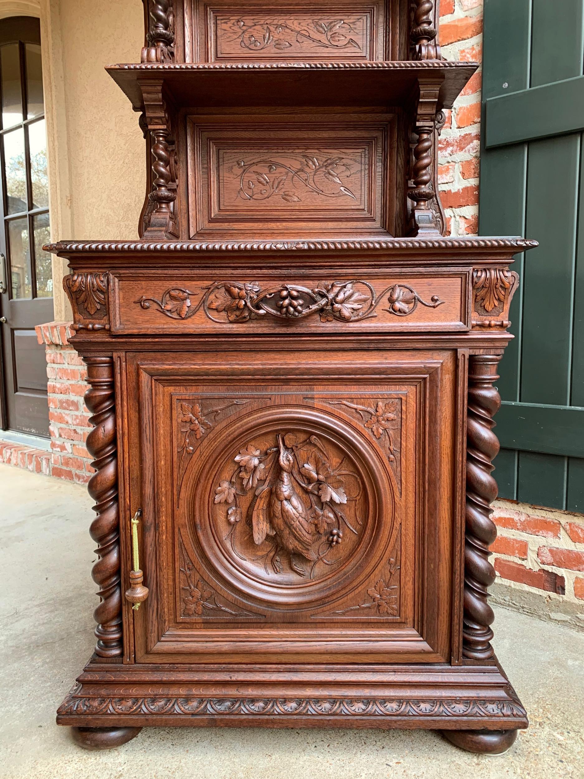 19th Century French Hunt Cabinet Bookcase Black Forest Carved Oak Barley Twist For Sale 1