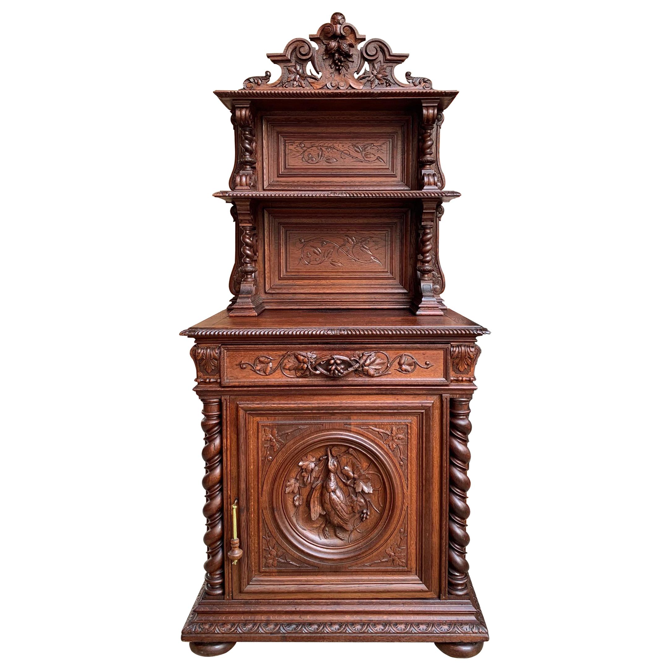 19th Century French Hunt Cabinet Bookcase Black Forest Carved Oak Barley Twist For Sale