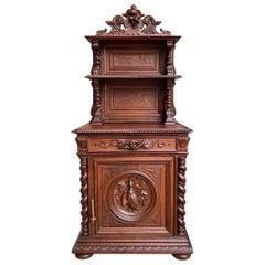 19th Century French Hunt Cabinet Bookcase Black Forest Carved Oak Barley Twist