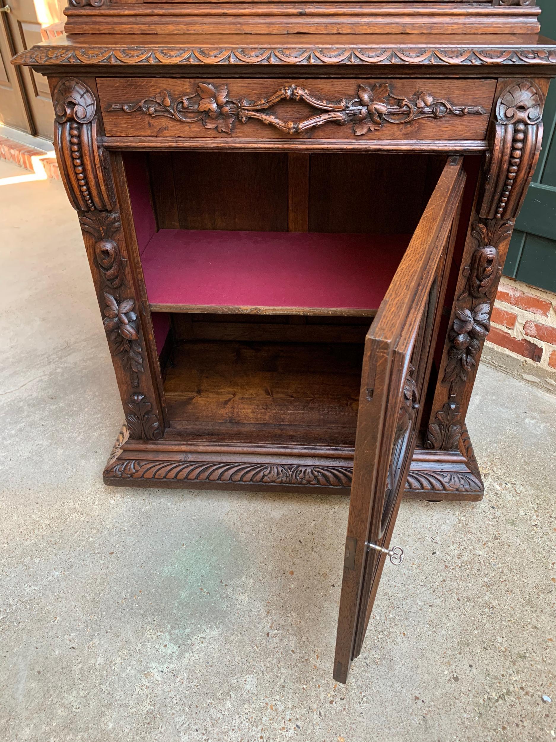 19th Century French Hunt Cabinet Bookcase Black Forest Carved Oak Glass Display 7