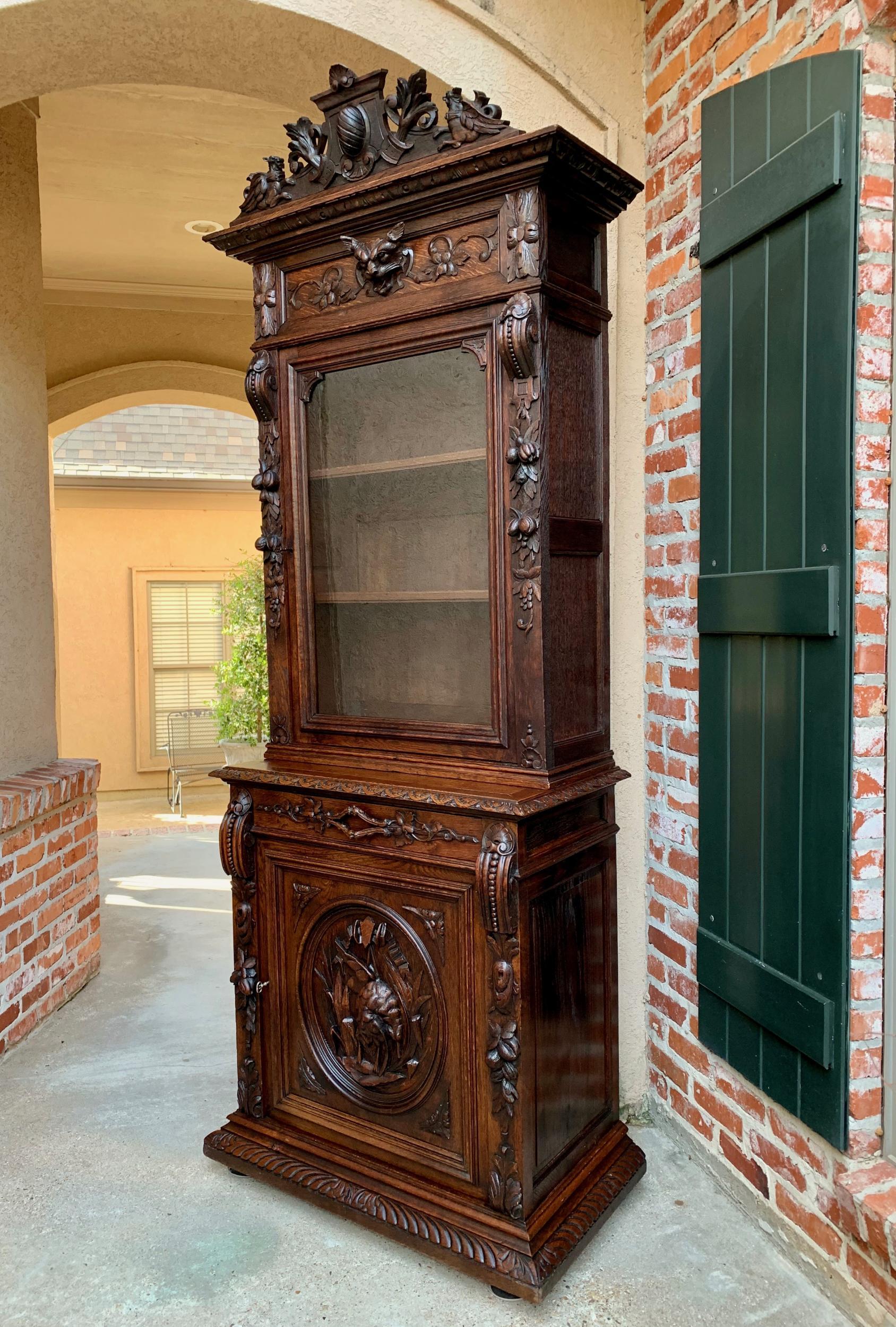 19th Century French Hunt Cabinet Bookcase Black Forest Carved Oak Glass Display 9