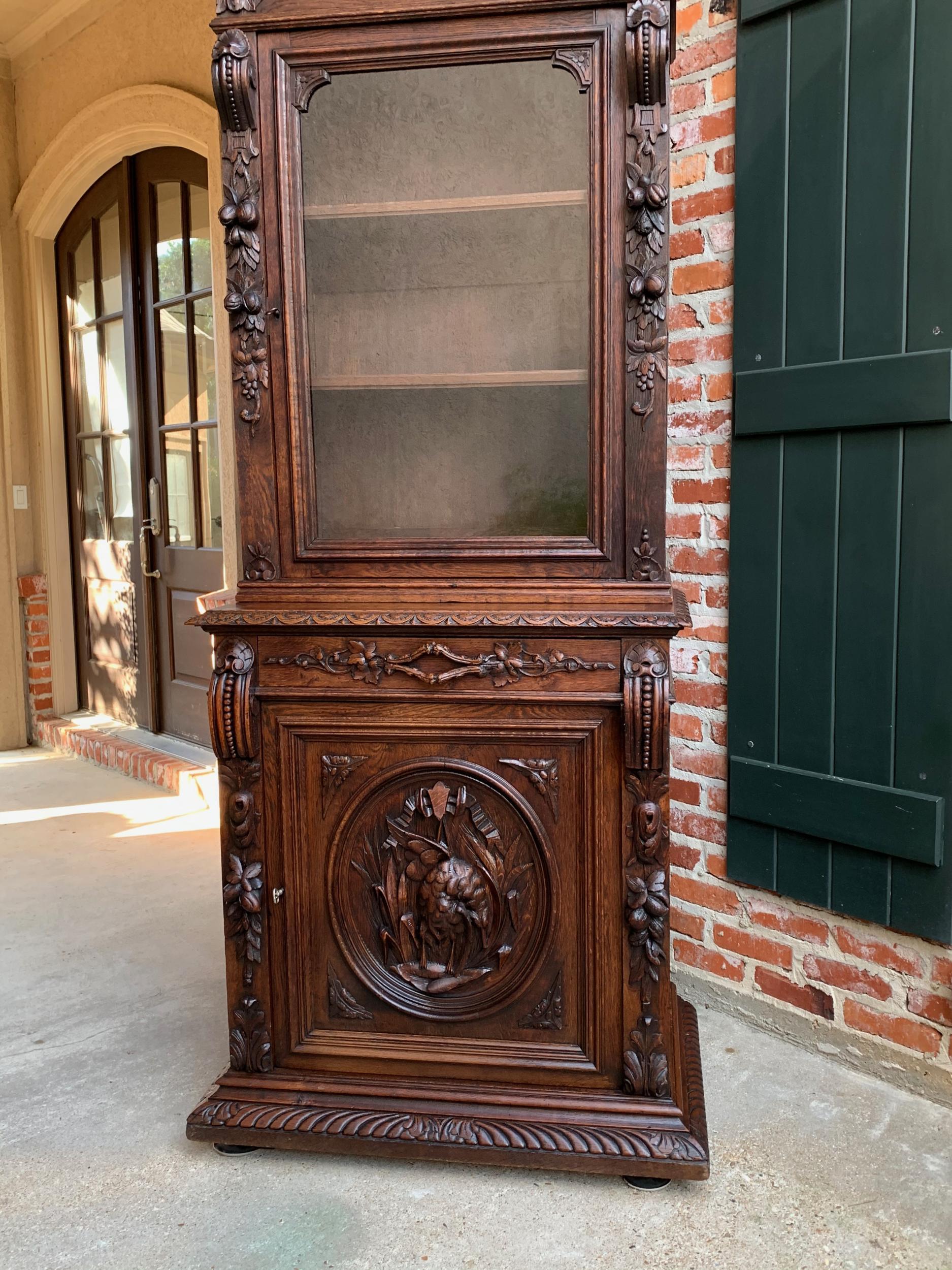 19th Century French Hunt Cabinet Bookcase Black Forest Carved Oak Glass Display 11