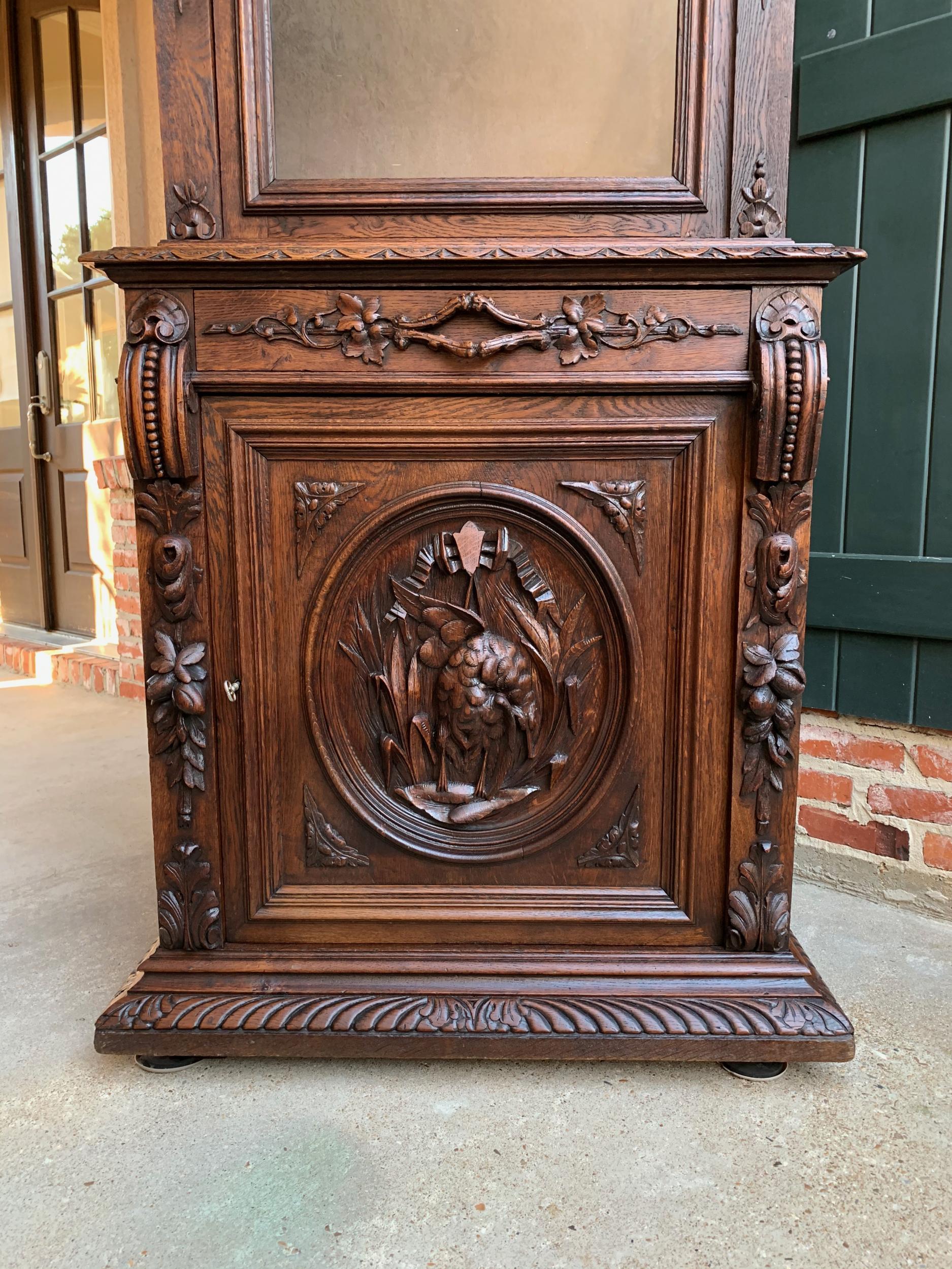 19th Century French Hunt Cabinet Bookcase Black Forest Carved Oak Glass Display 12