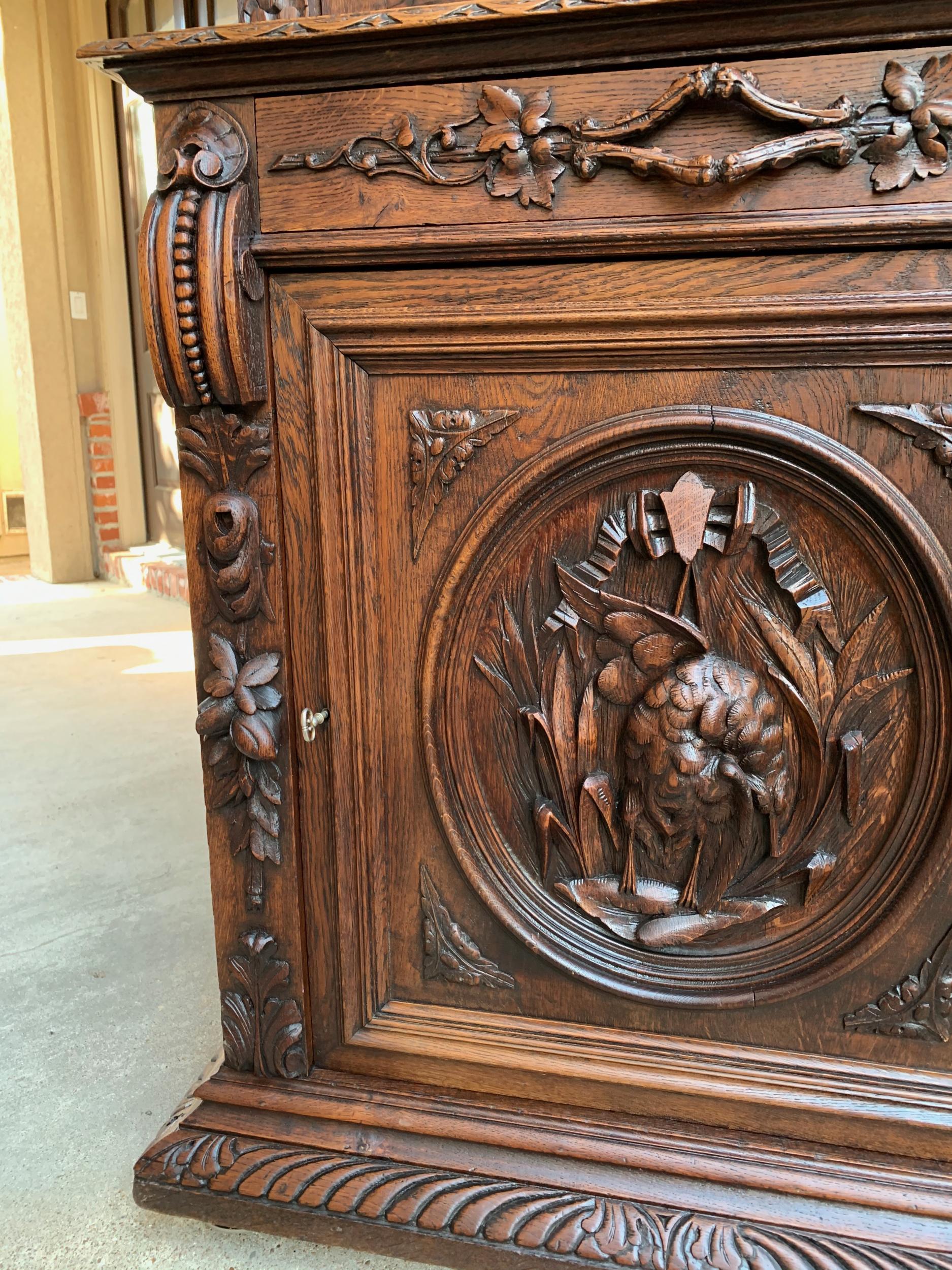 19th Century French Hunt Cabinet Bookcase Black Forest Carved Oak Glass Display 13