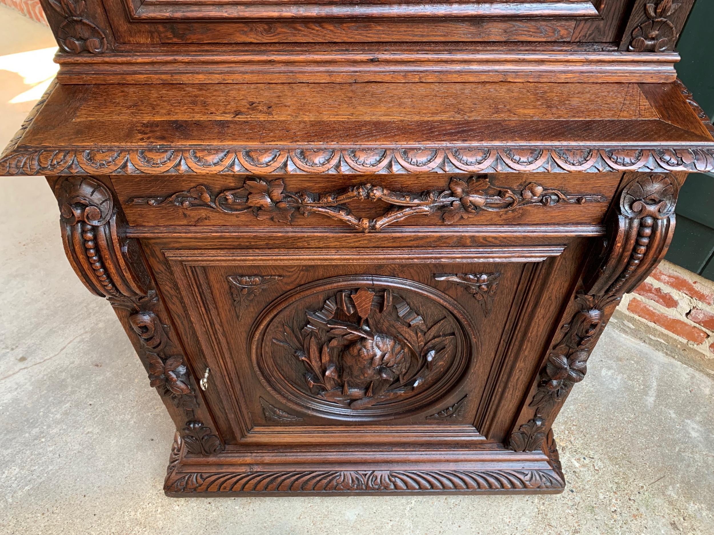 19th Century French Hunt Cabinet Bookcase Black Forest Carved Oak Glass Display 5